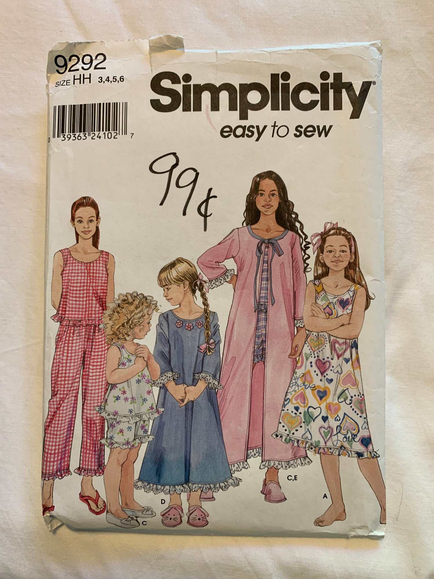 Simplicity Sewing Pattern 9292 Girls' Pajamas, Nightgown, Robe, Two Lengths, Long Sleeves, Elastic Waist, Size 3-6. Cut, 2002
