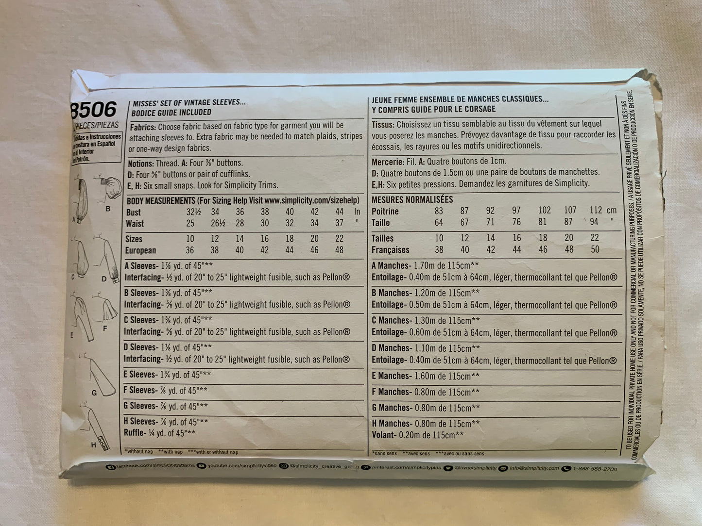 Simplicity Sewing Pattern 3536 Misses' 1930's Sleeves, 8 Variations, Size 10-16, Cut, 2009