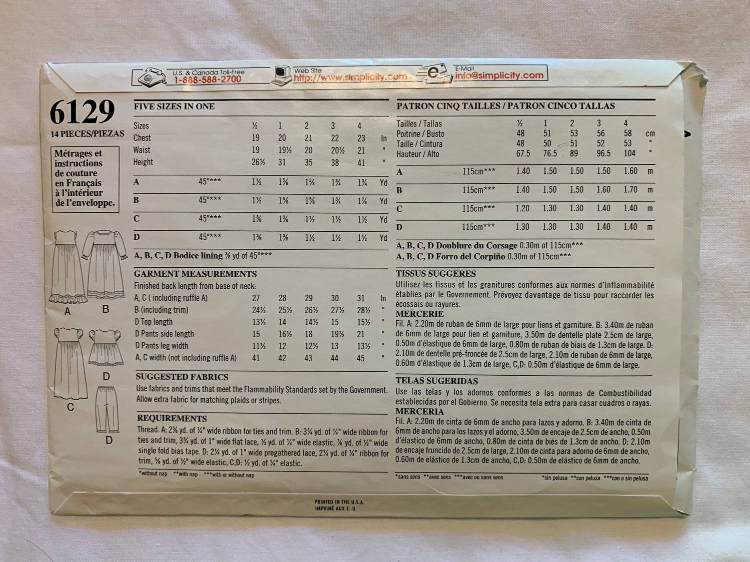 Simplicity New Look Sewing Pattern 6129 Toddlers' Girls' Pajamas, Top, Pants, Nightgown, Size 1/2-4, Cut, 2007