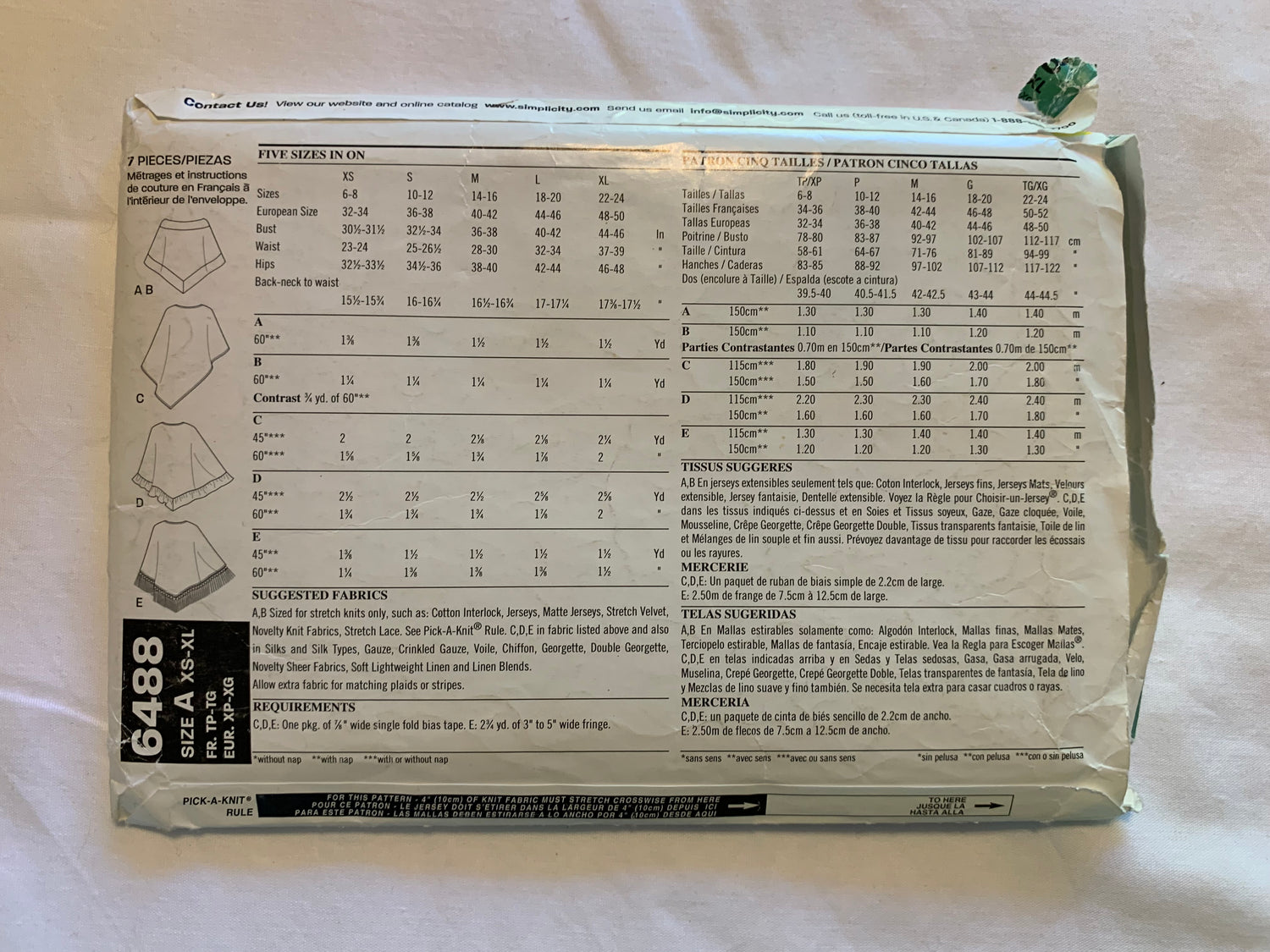 Simplicity Sewing Pattern 6488 Misses' Teens' Fashion Accessories, Cape, Size 6-24, Cut, 2006