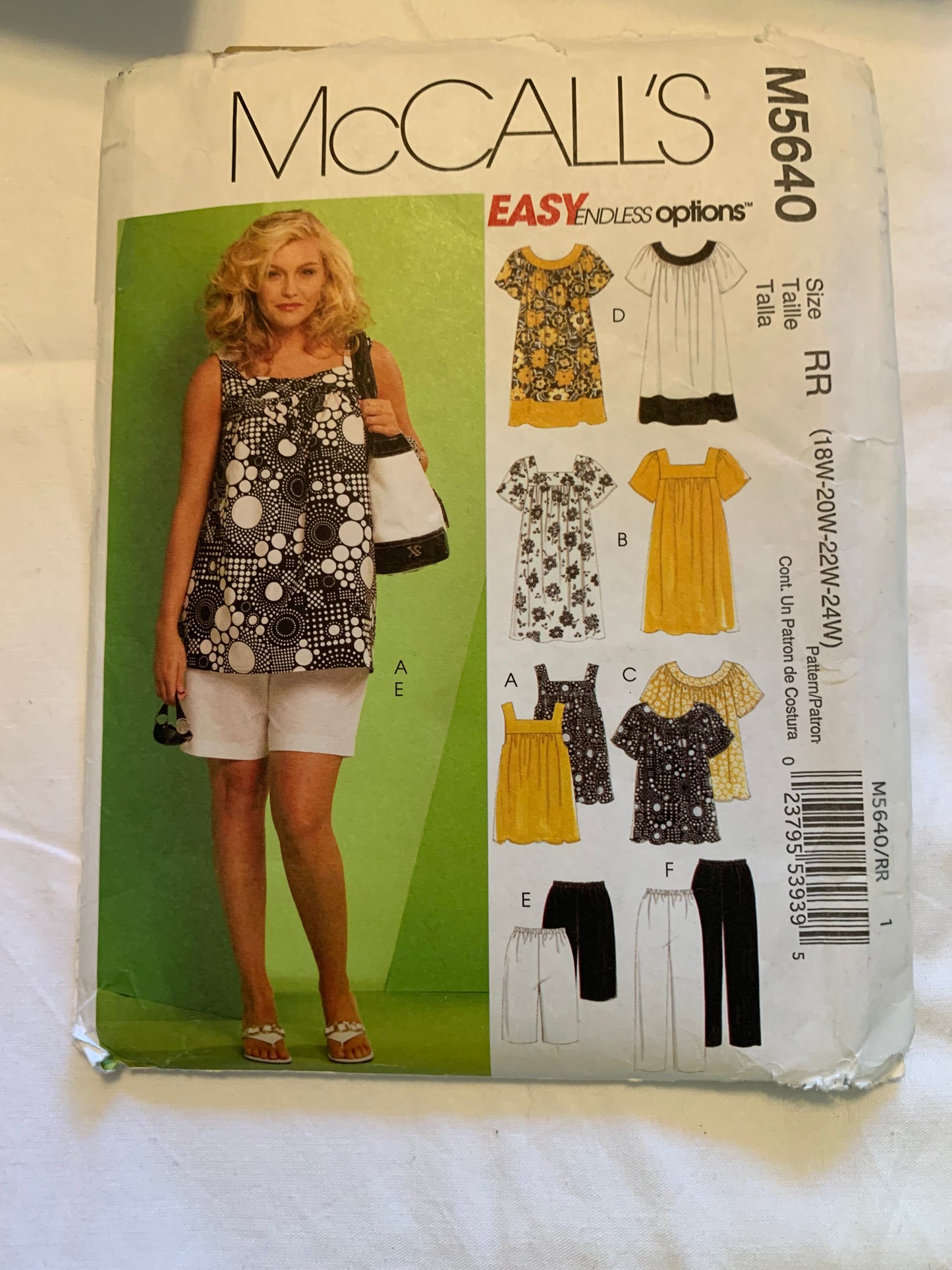 McCall's Sewing Pattern M5640 Misses' Dress, Tops, Shorts, Capri Pants, Loose-Fitting, Sleeveless, Two Lengths, Size 18W-24W, Uncut, 2008