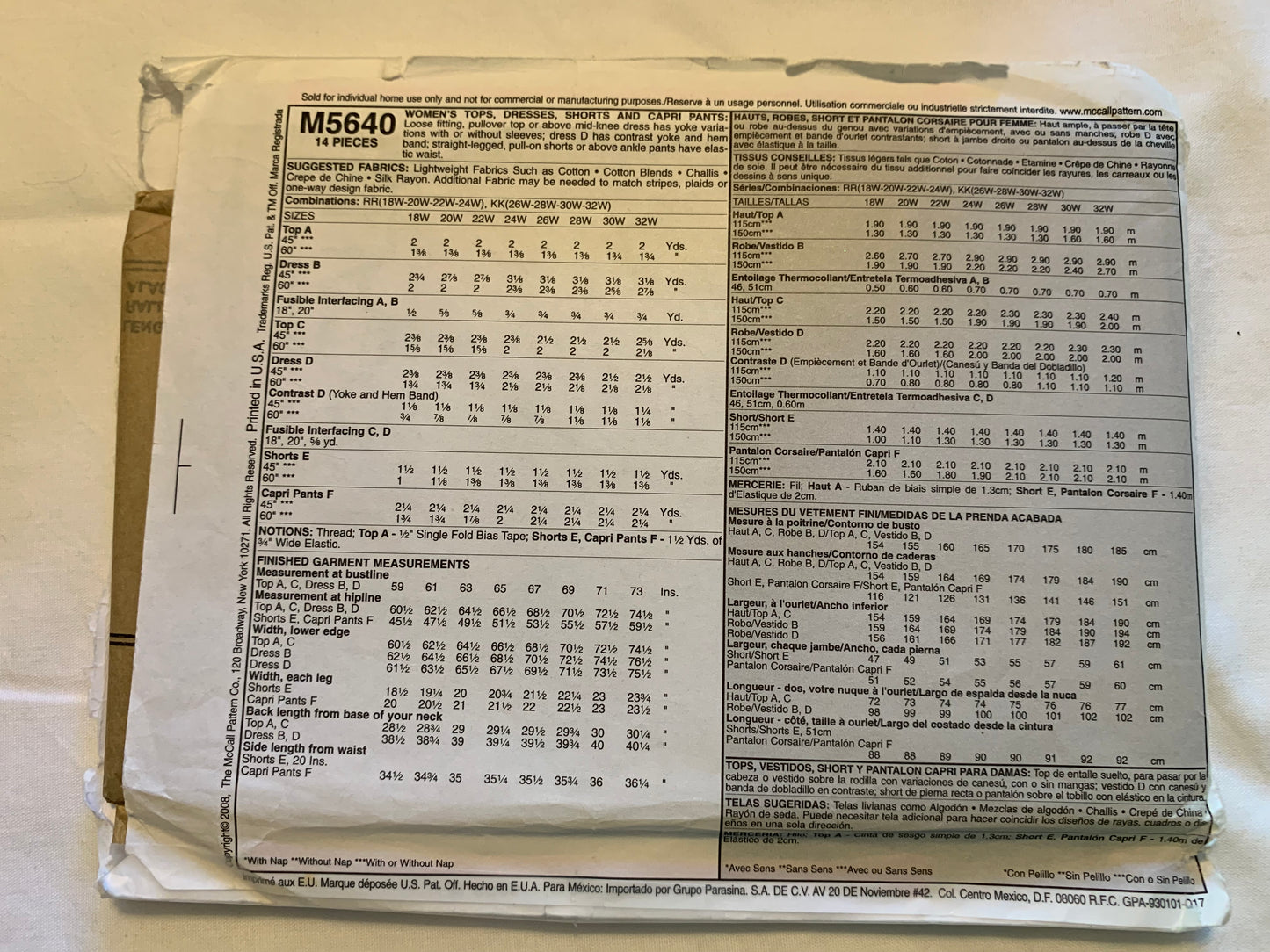 McCall's Sewing Pattern M5640 Misses' Dress, Tops, Shorts, Capri Pants, Loose-Fitting, Sleeveless, Two Lengths, Size 18W-24W, Uncut, 2008