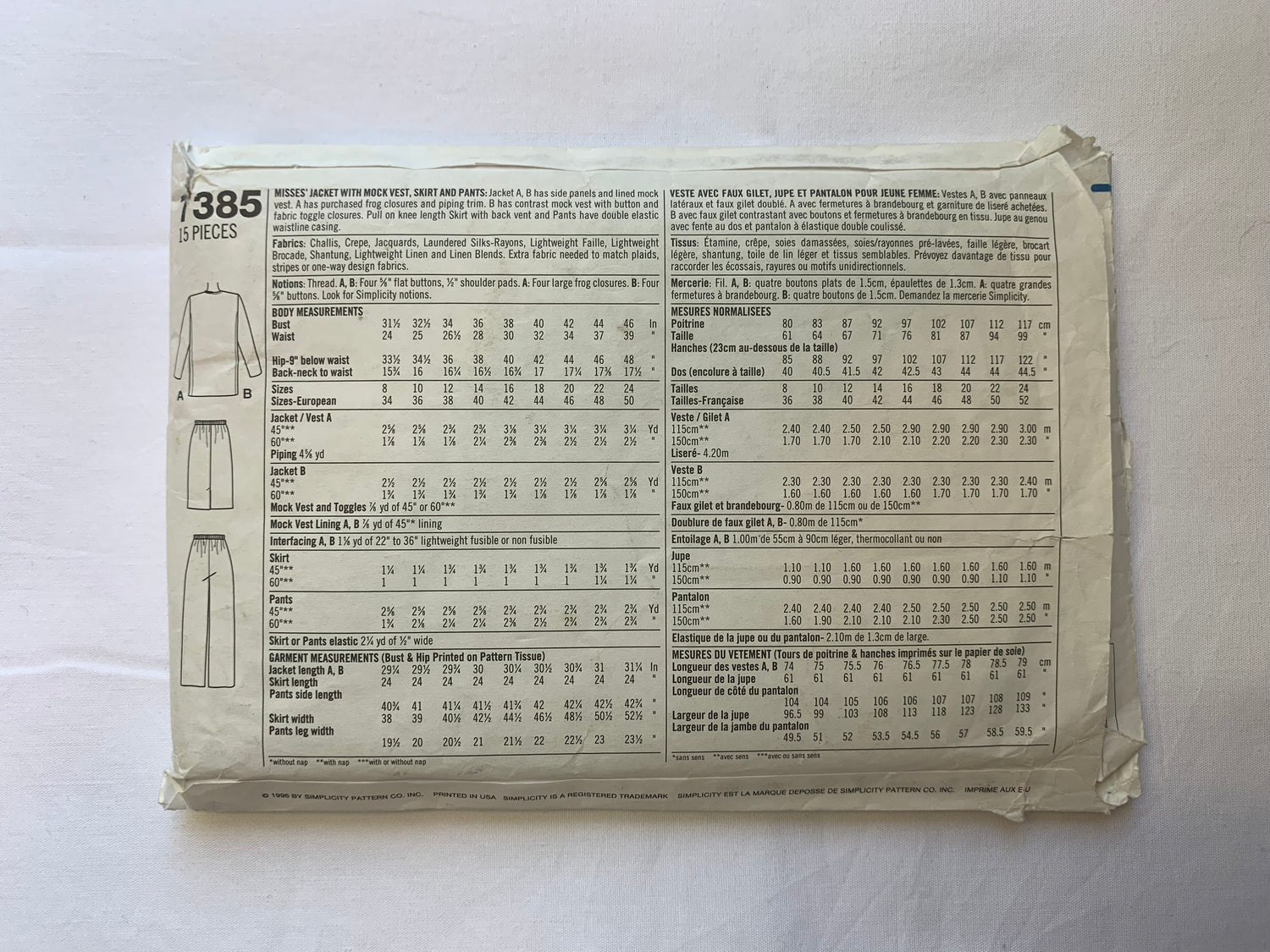 Simplicity Sewing Pattern 7385 Misses' Jacket, Mock Vest, Skirt, Pants, Panels, Elastic Waist, Pull-On, Size 8-12, Uncut, Vintage 1996