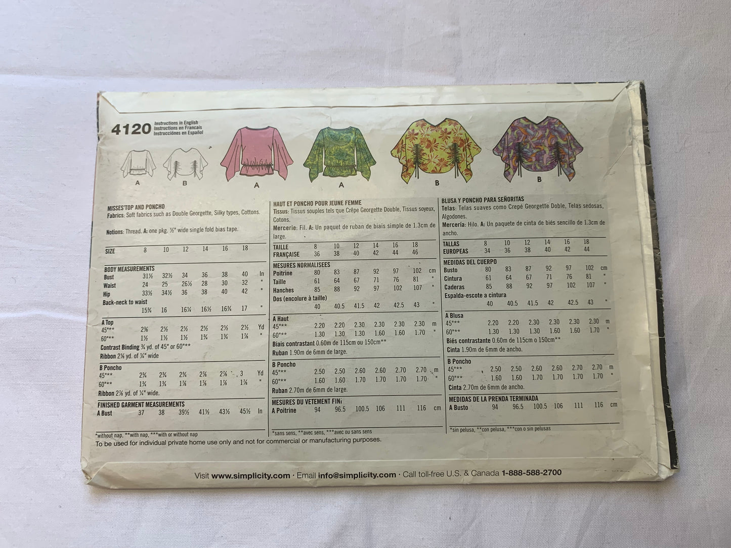 Simplicity Sewing Pattern 4120 Misses' Top, Poncho, Shirt, Summer, Pullover, Sleeve Variations, Size 8-18, Uncut, 2006