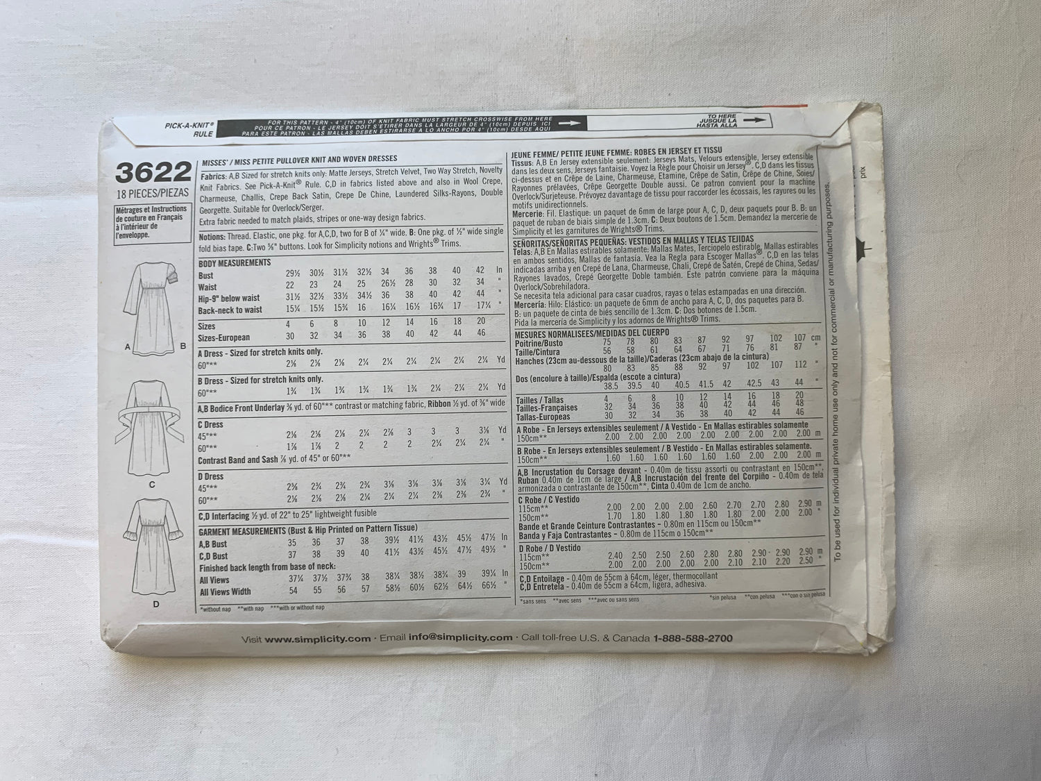 Simplicity Sewing Pattern 3622 Misses'/Miss Petite Pullover Knit/Woven Dresses, 4 Variations, Full Skirt, Pullover, Long/Short Sleeves, Size 4-12, Uncut, 2002