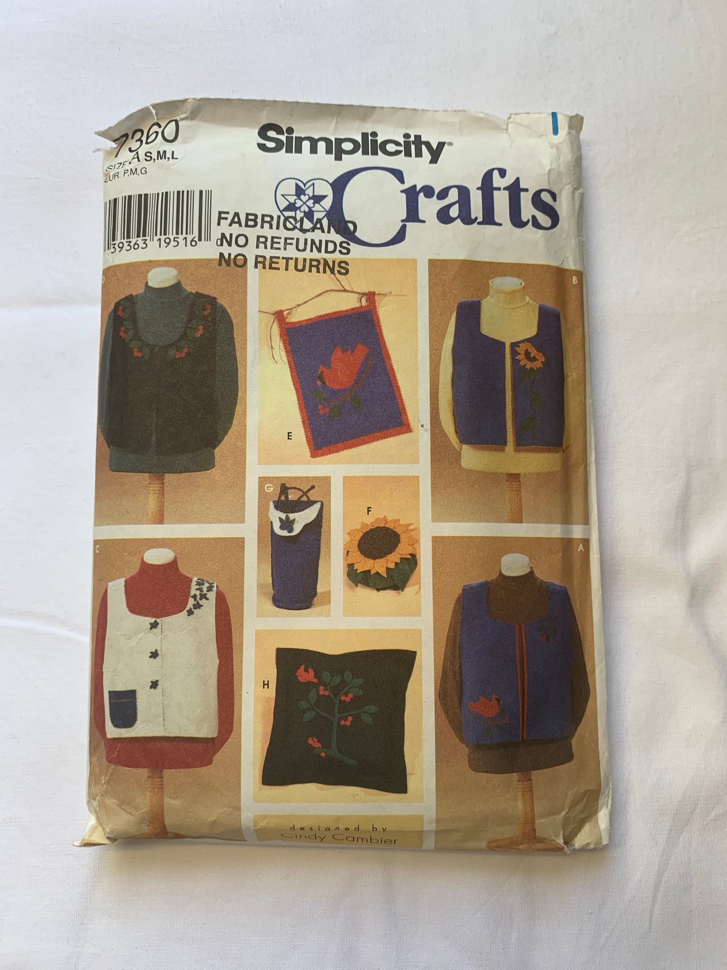 Simplicity Sewing Pattern 7360 Misses' Felt Vests, Pin Cushion, Eyeglass Case, Pillow, Sleeveless, Accessories, Transfers, Appliques, Size 10-20, Cut, Vintage 1996