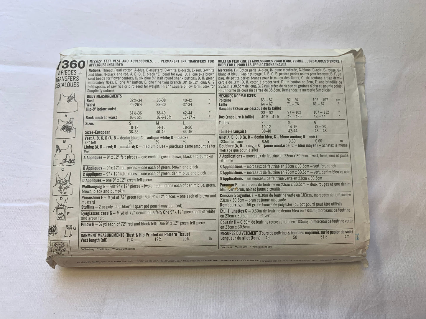 Simplicity Sewing Pattern 7360 Misses' Felt Vests, Pin Cushion, Eyeglass Case, Pillow, Sleeveless, Accessories, Transfers, Appliques, Size 10-20, Cut, Vintage 1996