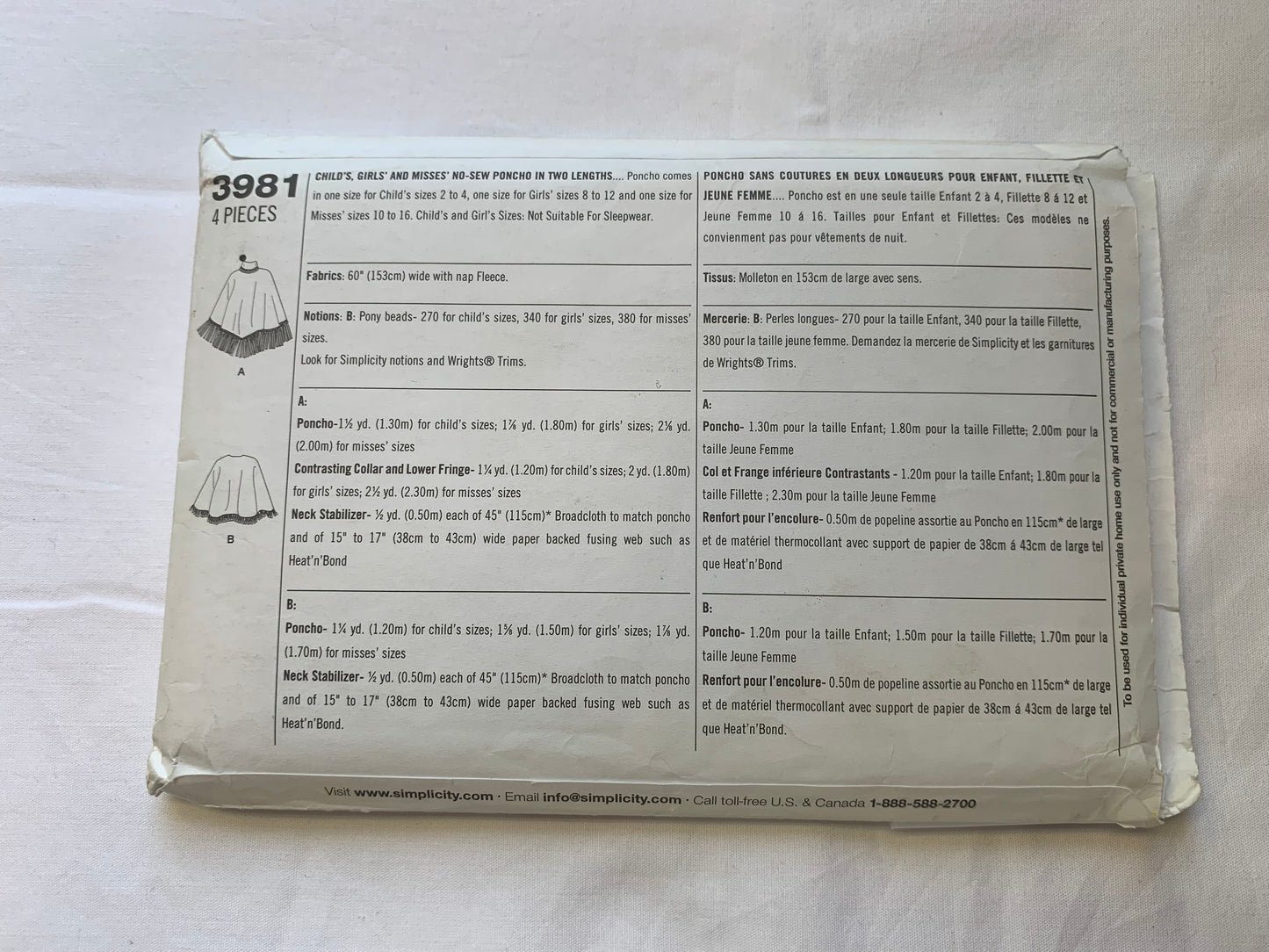 Simplicity Sewing Pattern 3981 Misses'/Girls' Poncho, Pullover, Two Lengths, Fringes, 3 Sizes, Child 2-4, Girls' 8-12', Misses' 10-16, Uncut, 2006