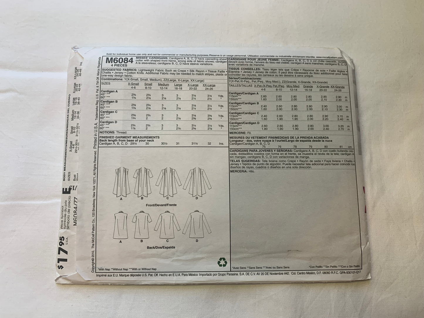 McCall's Sewing Pattern M6084 Misses' Cardigan, Shawl Collar, Sleeveless, Long/Short Sleeves, Size 16-26, Uncut, 2010