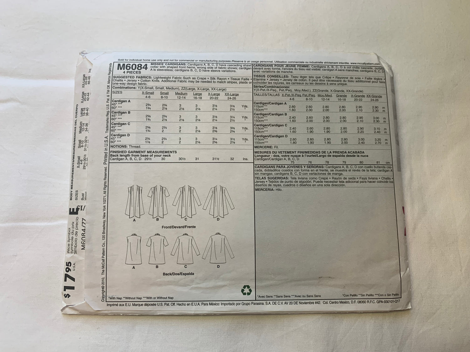 McCall's Sewing Pattern M6084 Misses' Cardigan, Shawl Collar, Sleeveless, Long/Short Sleeves, Size 16-26, Uncut, 2010