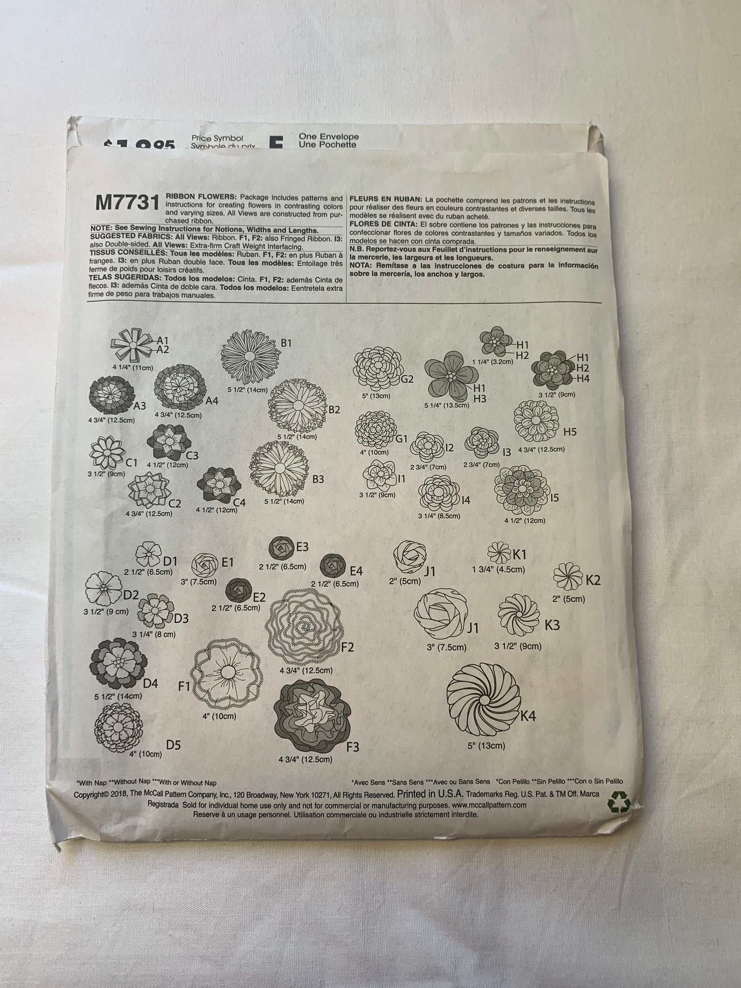 McCall's Sewing Pattern M7731 Crafts, Fashion Accessories, Ribbon Flowers, Various Shapes, Sizes, 39 Variations, Uncut, 2018