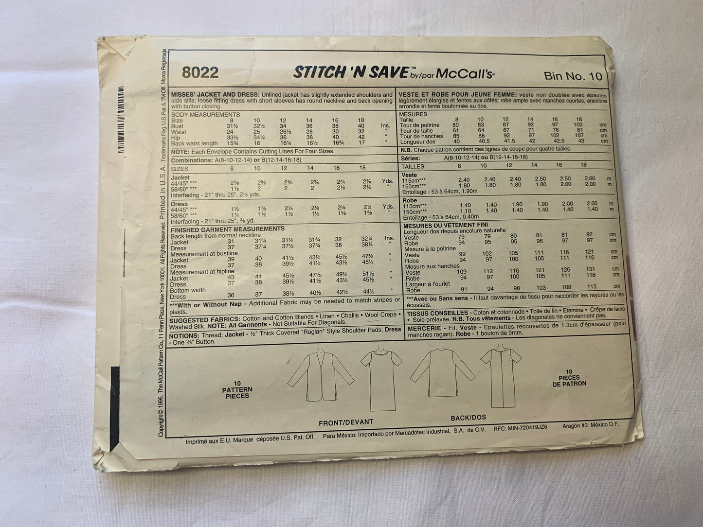 McCall's Sewing Pattern 8022 Misses' Jacket, Dress, Unlined, Slits, Loose Fitting, Short Sleeves, Size 8-14, Uncut, Vintage 1996