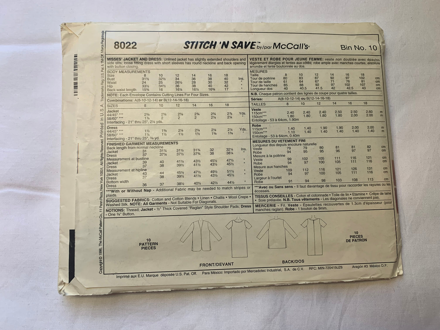 McCall's Sewing Pattern 8022 Misses' Jacket, Dress, Unlined, Slits, Loose Fitting, Short Sleeves, Size 8-14, Uncut, Vintage 1996