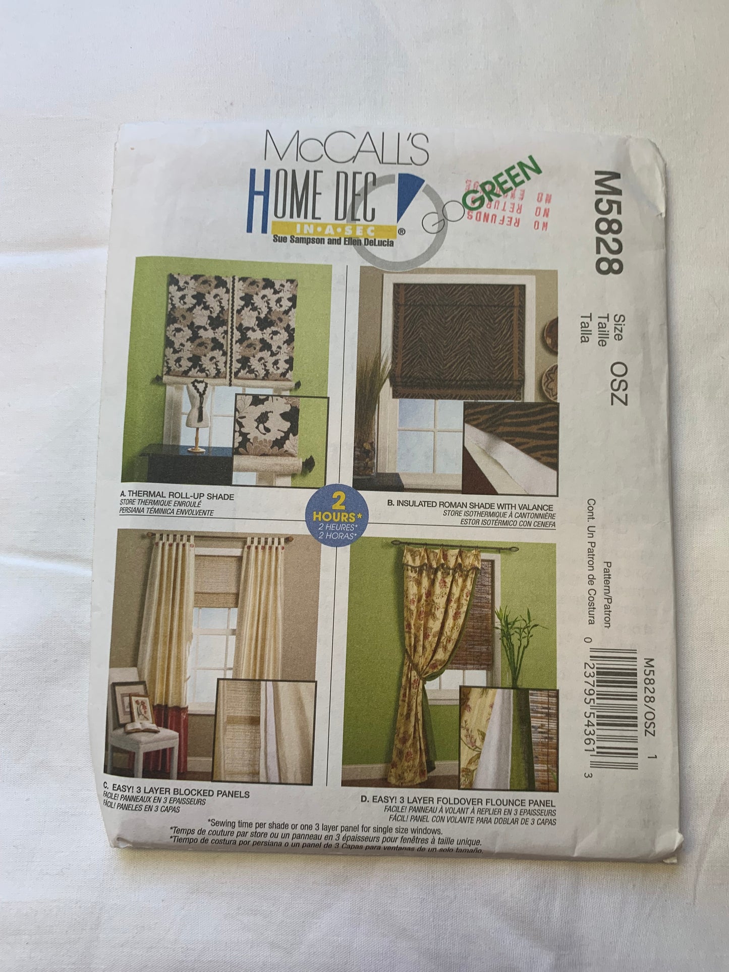 McCall's Home Decorating Sewing Pattern M5828 Window Coverings, Curtains, Roll-Up, Roman Shade, Thermal, Blocked Panels, Foldover, Uncut, 2009