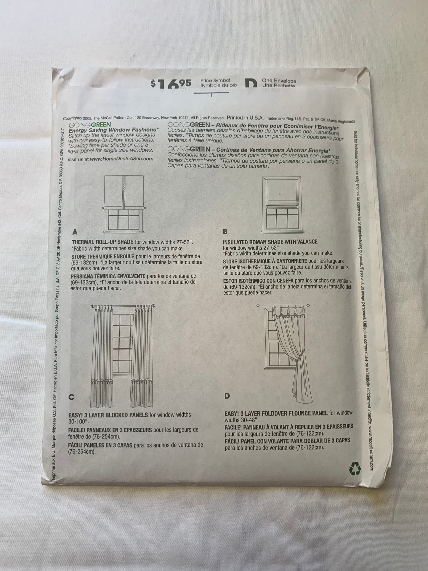 McCall's Home Decorating Sewing Pattern M5828 Window Coverings, Curtains, Roll-Up, Roman Shade, Thermal, Blocked Panels, Foldover, Uncut, 2009