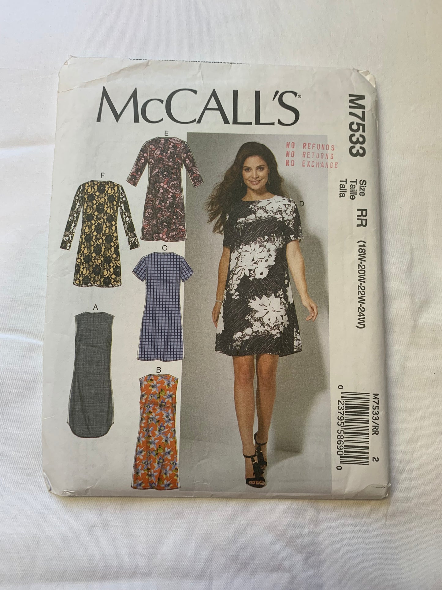 McCall's Sewing Pattern M7533 Misses' Dress, Sleeveless, Loose-Fitting, Zipper Back, Long/Short Sleeves, Size 18W-24W, Uncut, 2017