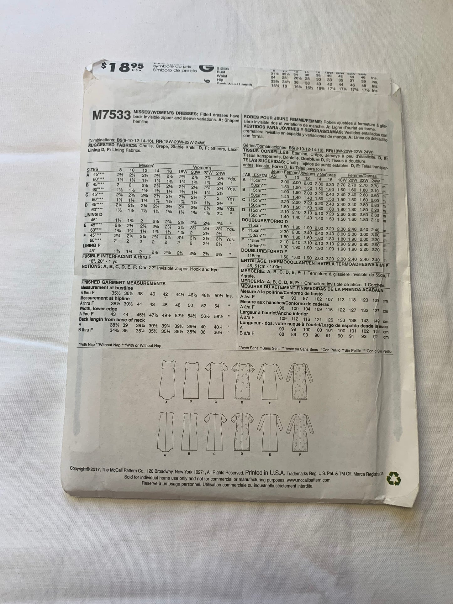 McCall's Sewing Pattern M7533 Misses' Dress, Sleeveless, Loose-Fitting, Zipper Back, Long/Short Sleeves, Size 18W-24W, Uncut, 2017