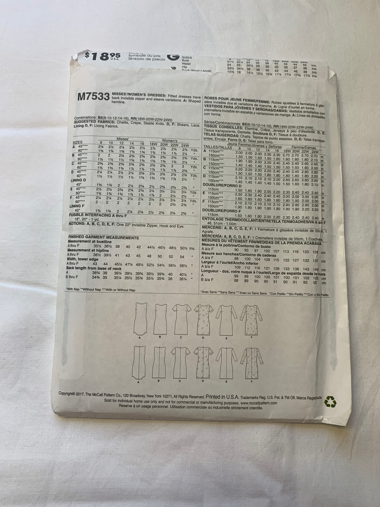 McCall's Sewing Pattern M7533 Misses' Dress, Sleeveless, Loose-Fitting, Zipper Back, Long/Short Sleeves, Size 18W-24W, Uncut, 2017