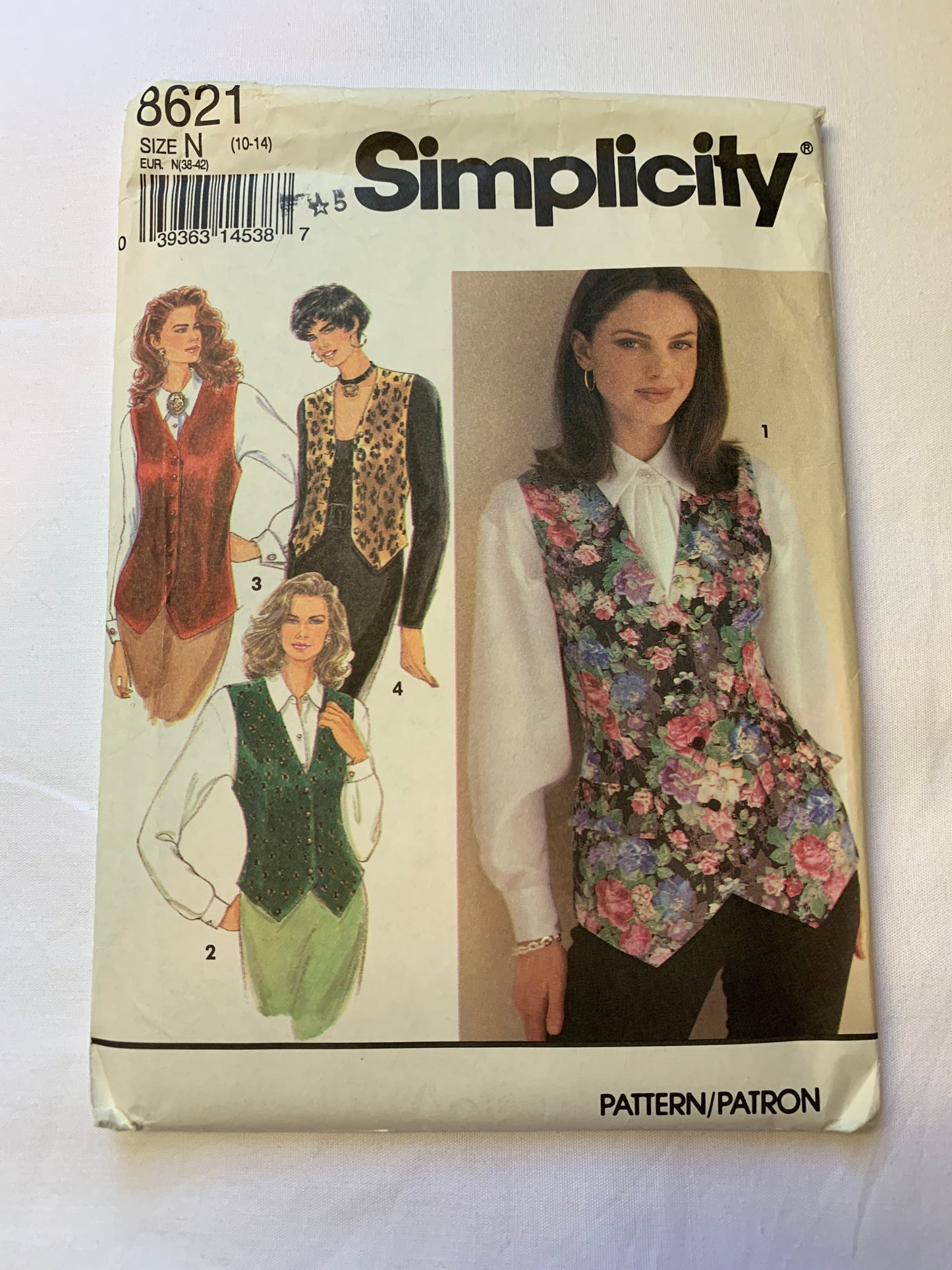 Simplicity Sewing Pattern 8621 Misses' Lined Vests, Sleeveless, Tie Back, Button Front, 4 Variations, Size 10-14, Two Lengths, Uncut, Vintage 1993