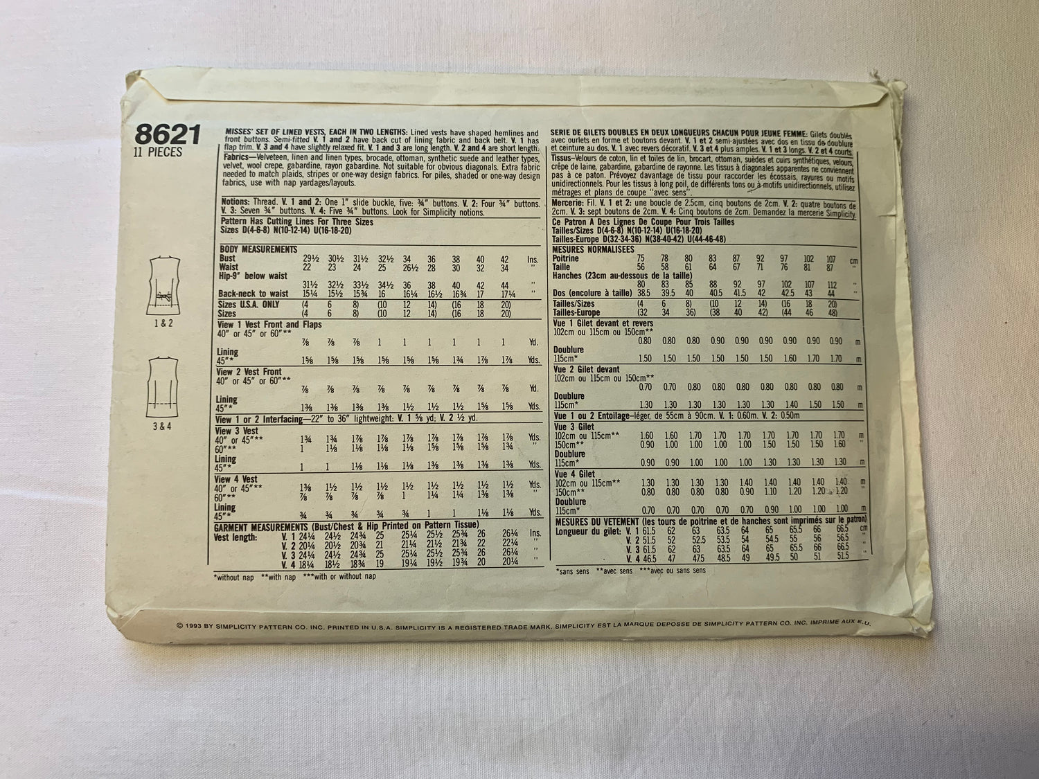 Simplicity Sewing Pattern 8621 Misses' Lined Vests, Sleeveless, Tie Back, Button Front, 4 Variations, Size 10-14, Two Lengths, Uncut, Vintage 1993