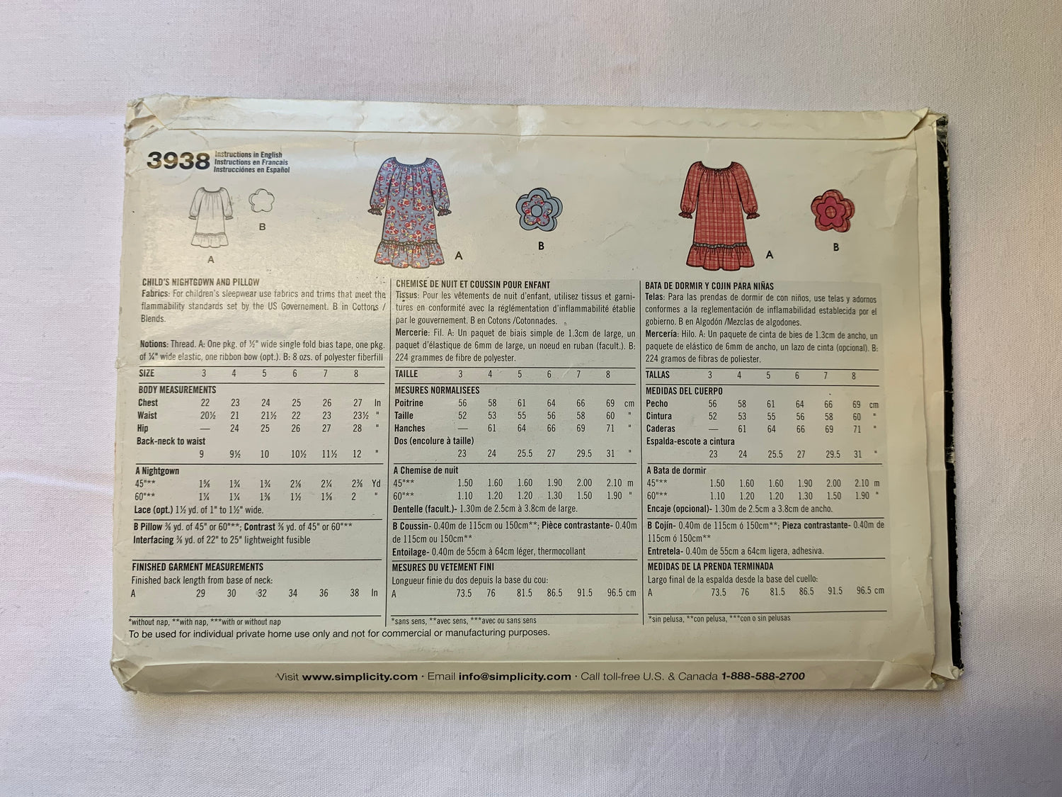 Simplicity Sewing Pattern 3938 Girls' Nightgown, Nightshirt, Pillow, Sleepwear, Size 3-8, Uncut, 2006