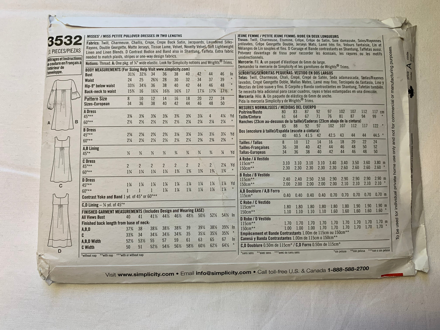 Simplicity Sewing Pattern 3532 Misses'/Miss Petite Dresses, Two Lengths, Pullover, Full Skirt, Sleeveless, Short/Long Sleeves, Size 8-16, Uncut, 2002
