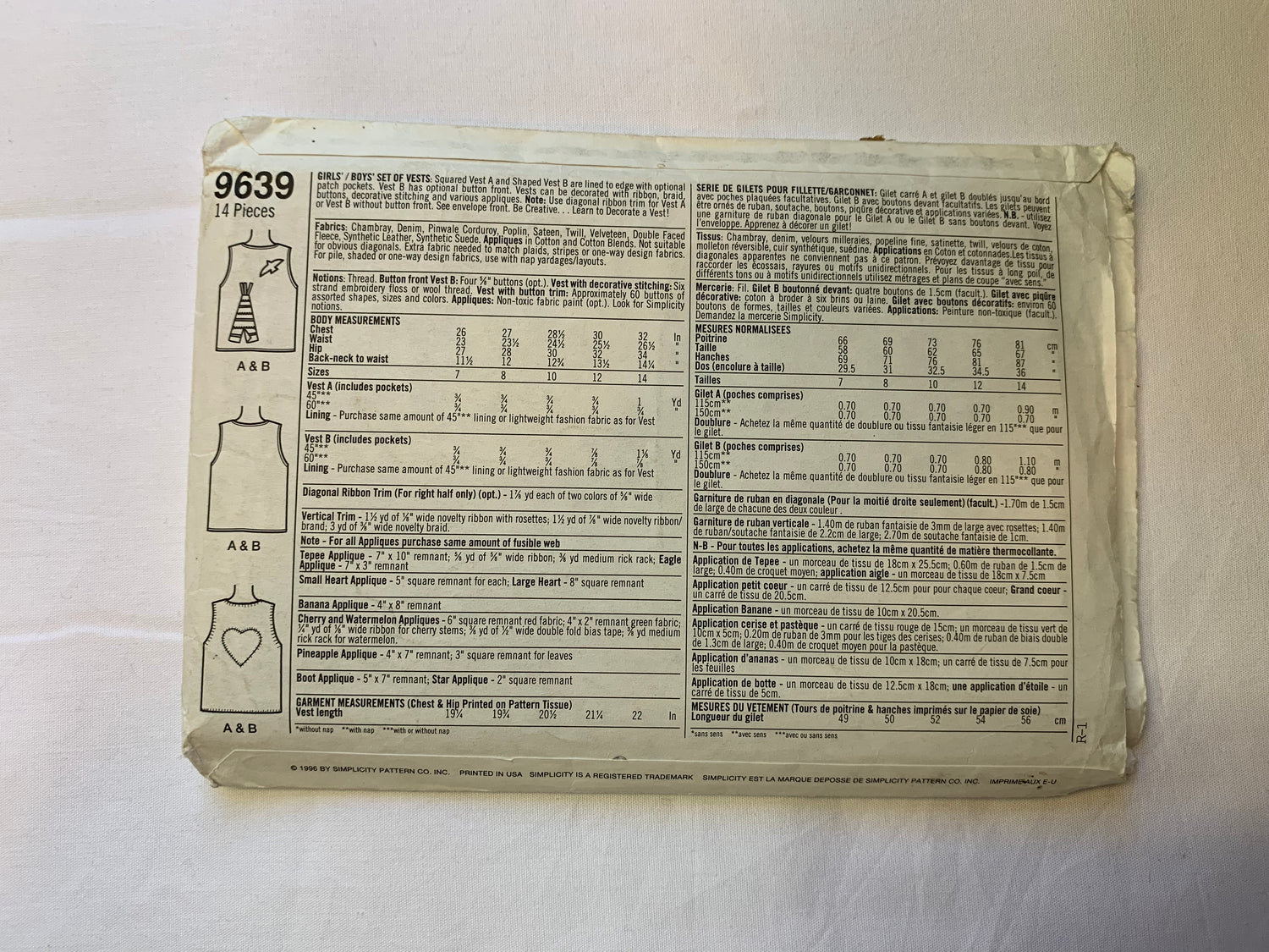 Simplicity Sewing Pattern 9639 Girls' Vest, 3 Variations, Pockets, Button Front, Size 7-10, Uncut, Vintage 1996