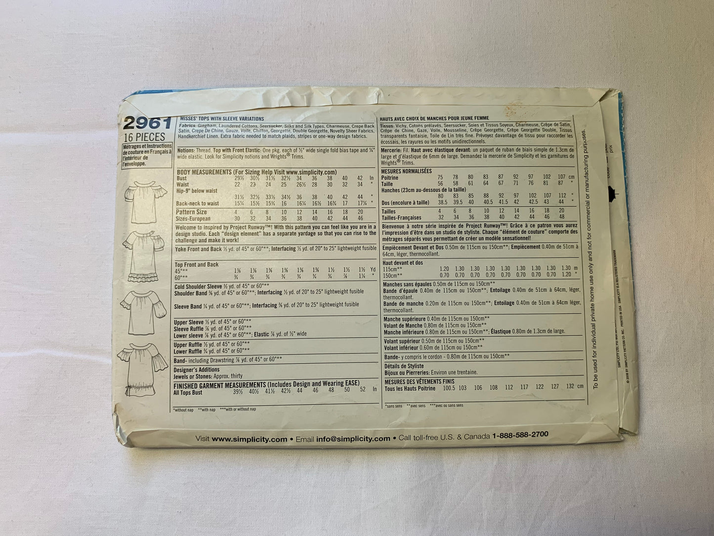 Simplicity Project Runway Sewing Pattern 2961 Misses' Top, Long/Short Sleeves, Sleeve Variations, Zipper Back, Pullover, Two Lengths, Size 12-20, Uncut, 2008