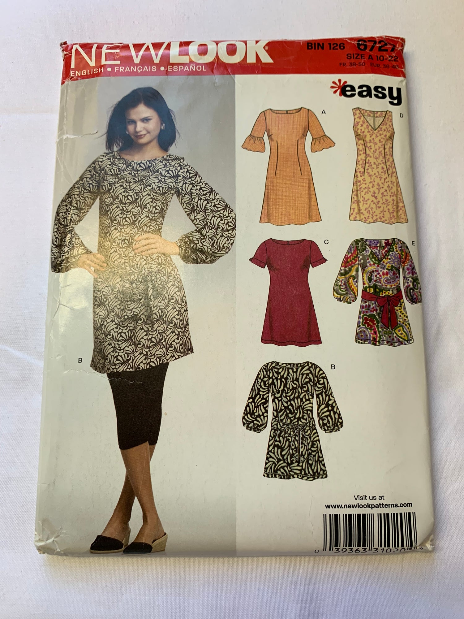 Simplicity New Look Sewing Pattern 6727 Misses' Dress, Tunic, Sleeveless, Long/Short Sleeves, Two Lengths, Size 10-22, Uncut, 2007