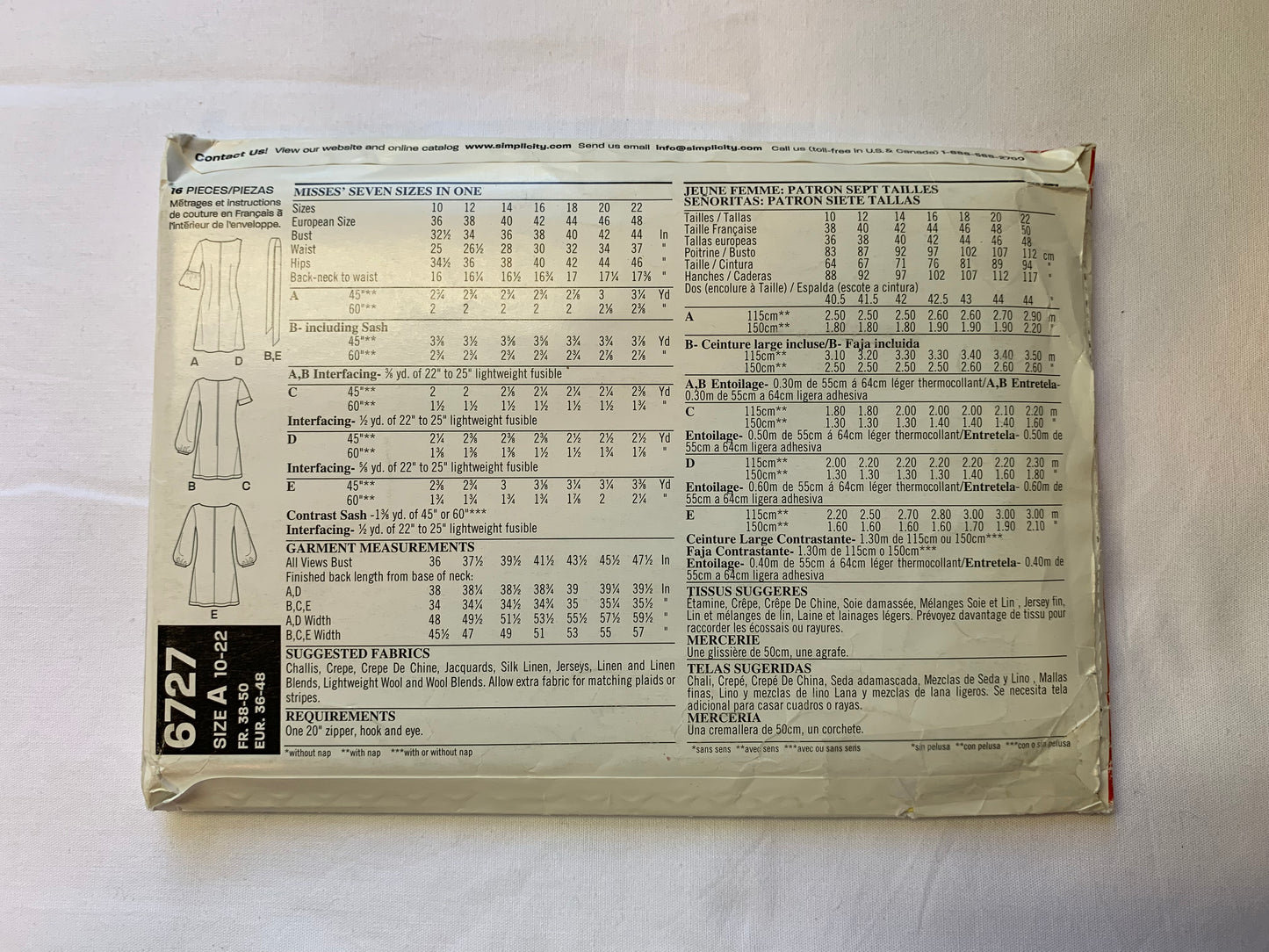 Simplicity New Look Sewing Pattern 6727 Misses' Dress, Tunic, Sleeveless, Long/Short Sleeves, Two Lengths, Size 10-22, Uncut, 2007