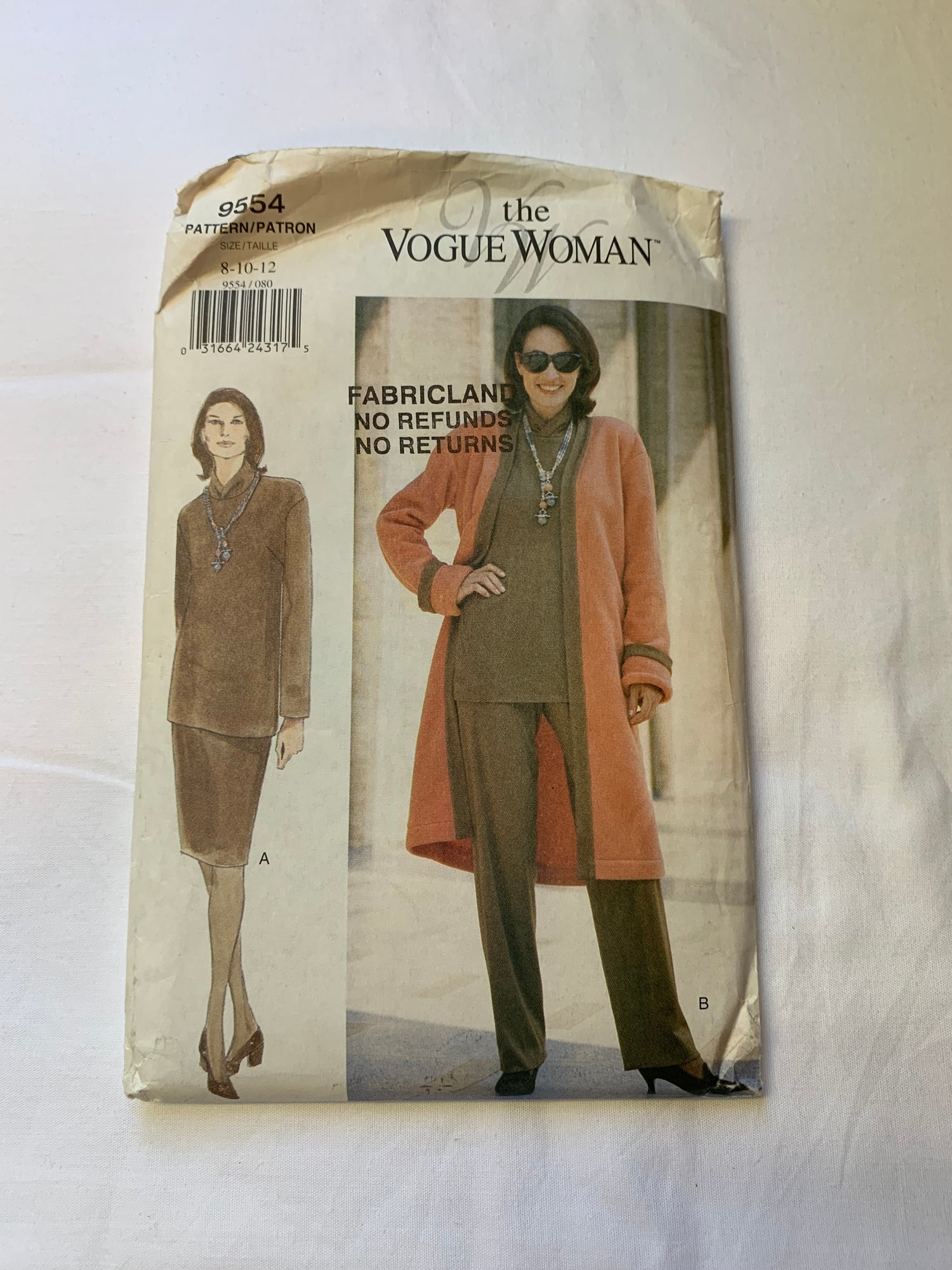 Vogue Sewing Pattern 9554 Misses'/Misses' Petite Duster, Top Skirt, Pants, Unlined, Loose-Fitting, Long Sleeves, Pockets, Size 8-12, Uncut, Vintage 1996