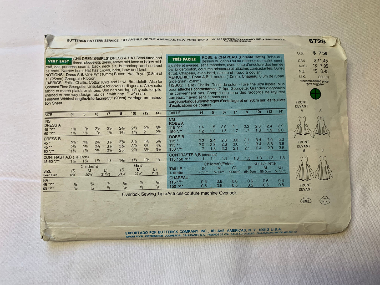 Butterick Sewing Pattern 6726 Girls' Dress, Two Lengths, Hat, Semi-Fitted, Princess Seams, Sleeveless, Pullover, Tie Ends, Size 12-14, Uncut, Vintage 1993