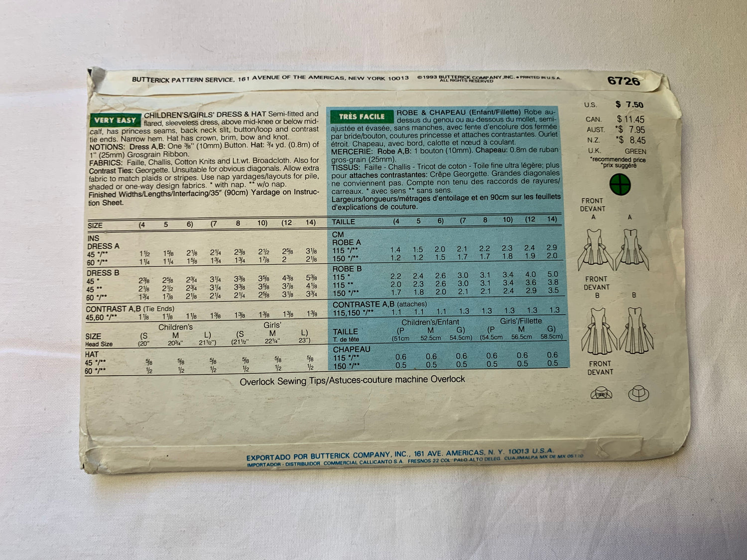 Butterick Sewing Pattern 6726 Girls' Dress, Two Lengths, Hat, Semi-Fitted, Princess Seams, Sleeveless, Pullover, Tie Ends, Size 12-14, Uncut, Vintage 1993