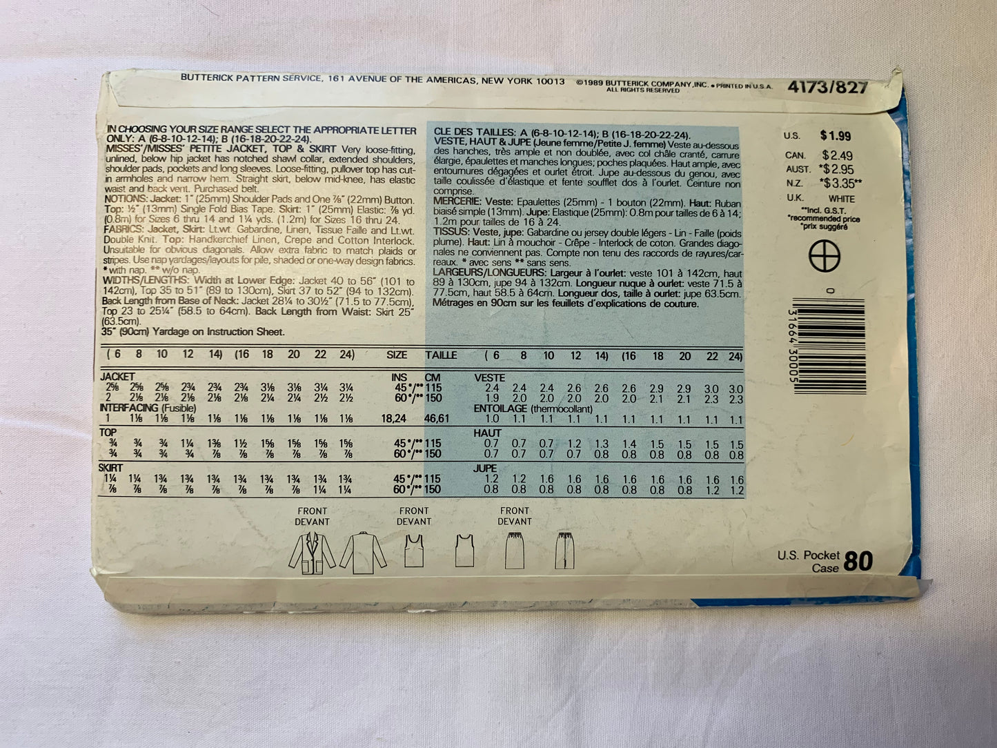 Butterick Sewing Pattern See & Sew 4173 Misses'/Misses' Petite Jacket, Top, Skirt, Loose-Fitting, Shoulder Pads, Size 6-14, Uncut, Vintage 1989