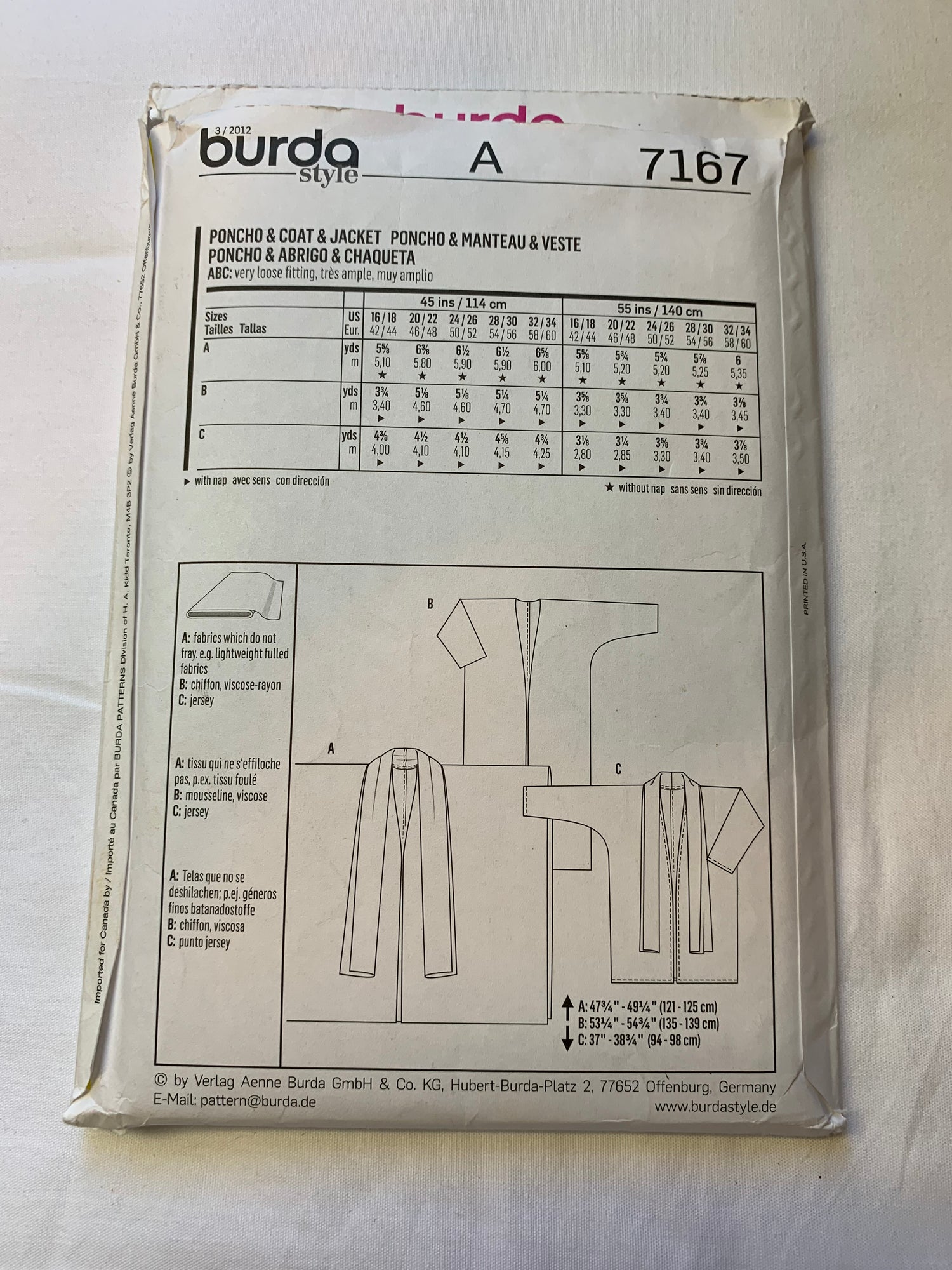 Burda Sewing Pattern 7167 Misses' Poncho, Coat, Jacket, Loose-Fitting, Sleeve Variations, 3 Variations, Size 16-34, Uncut, 2006