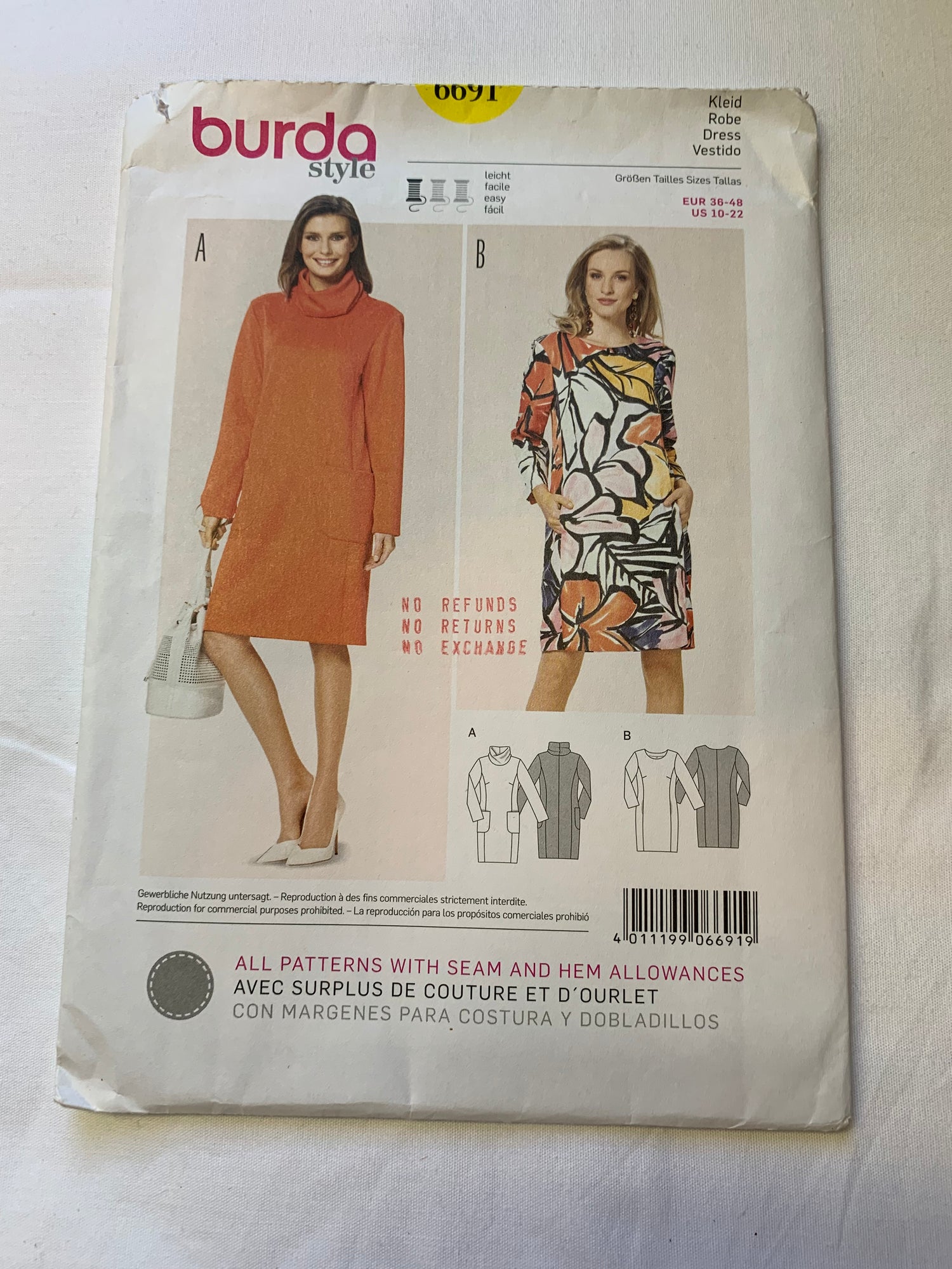 Burda Sewing Pattern 6691 Misses' Dress, Long Sleeves, Semi-Fitted, Pullover, Pockets, Darts, Princess Seams, Size 10-22, Uncut, 2000