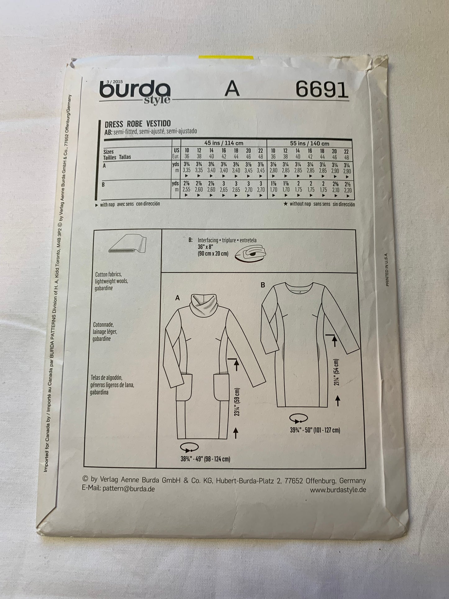 Burda Sewing Pattern 6691 Misses' Dress, Long Sleeves, Semi-Fitted, Pullover, Pockets, Darts, Princess Seams, Size 10-22, Uncut, 2000