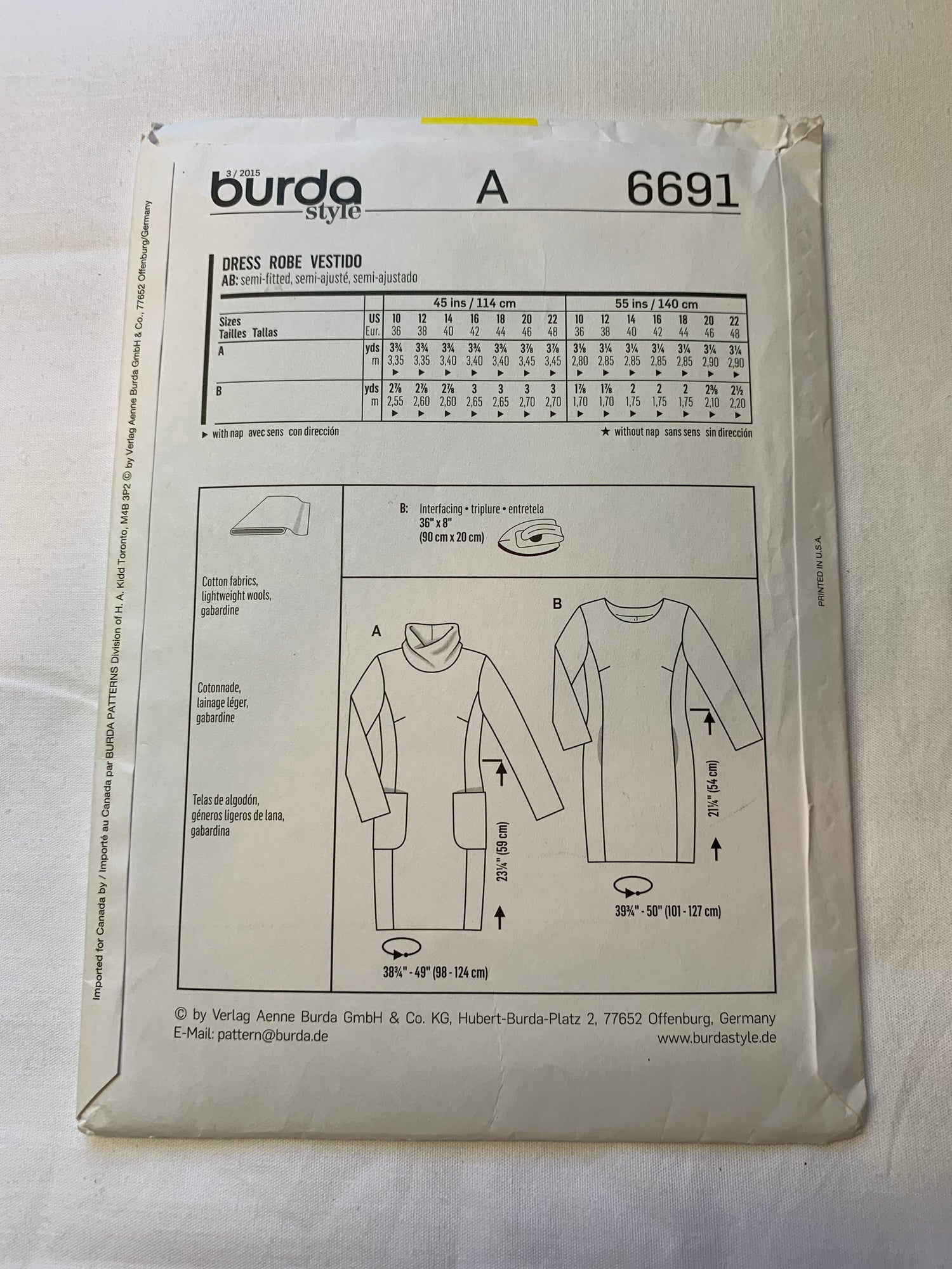Burda Sewing Pattern 6691 Misses' Dress, Long Sleeves, Semi-Fitted, Pullover, Pockets, Darts, Princess Seams, Size 10-22, Uncut, 2000