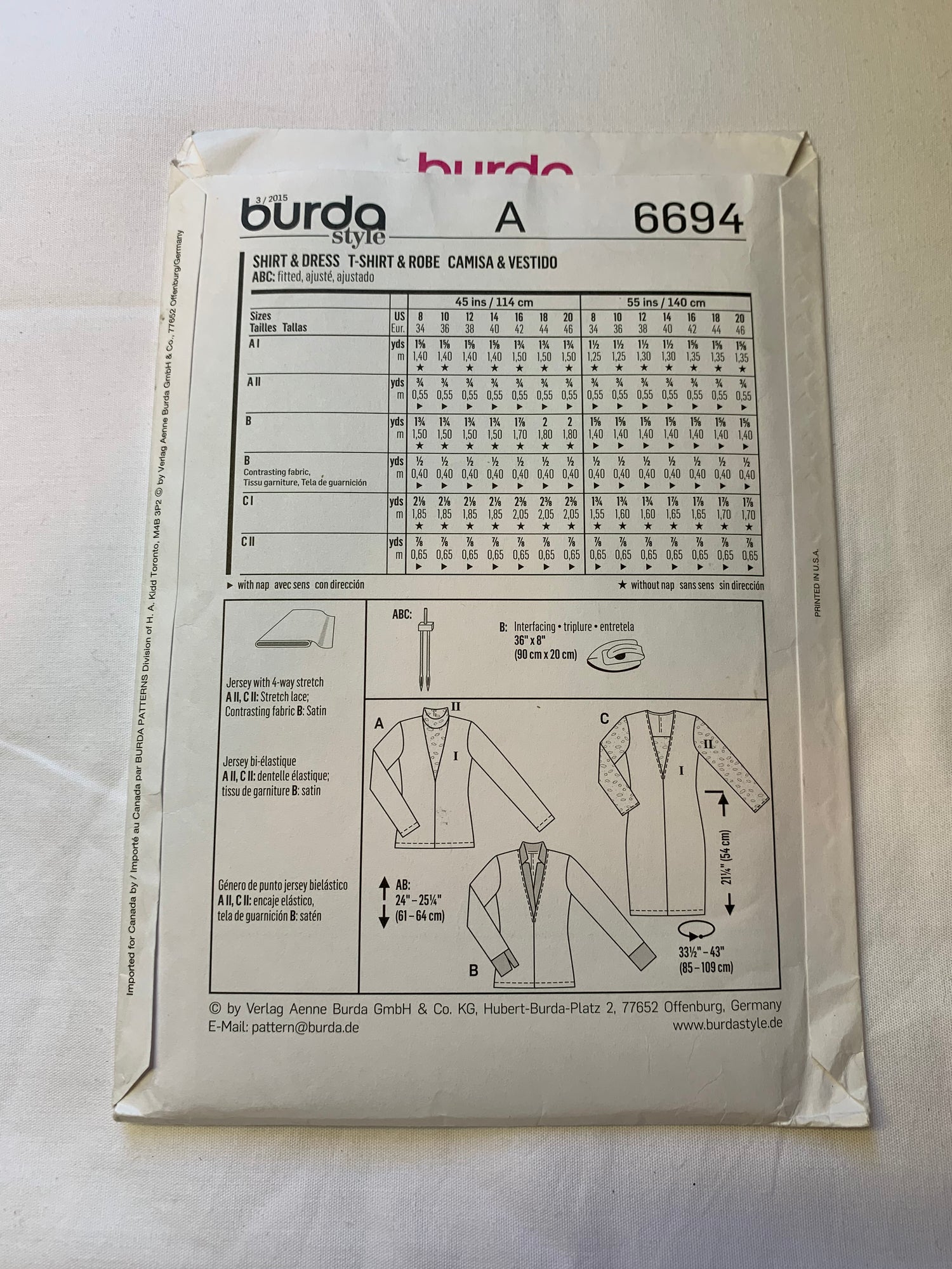 Burda Sewing Pattern 6694 Misses' Dress, Shirt, Long Sleeves, Fitted, Pullover, Darts, 3 Variations, Size 8-20, Uncut, 2000