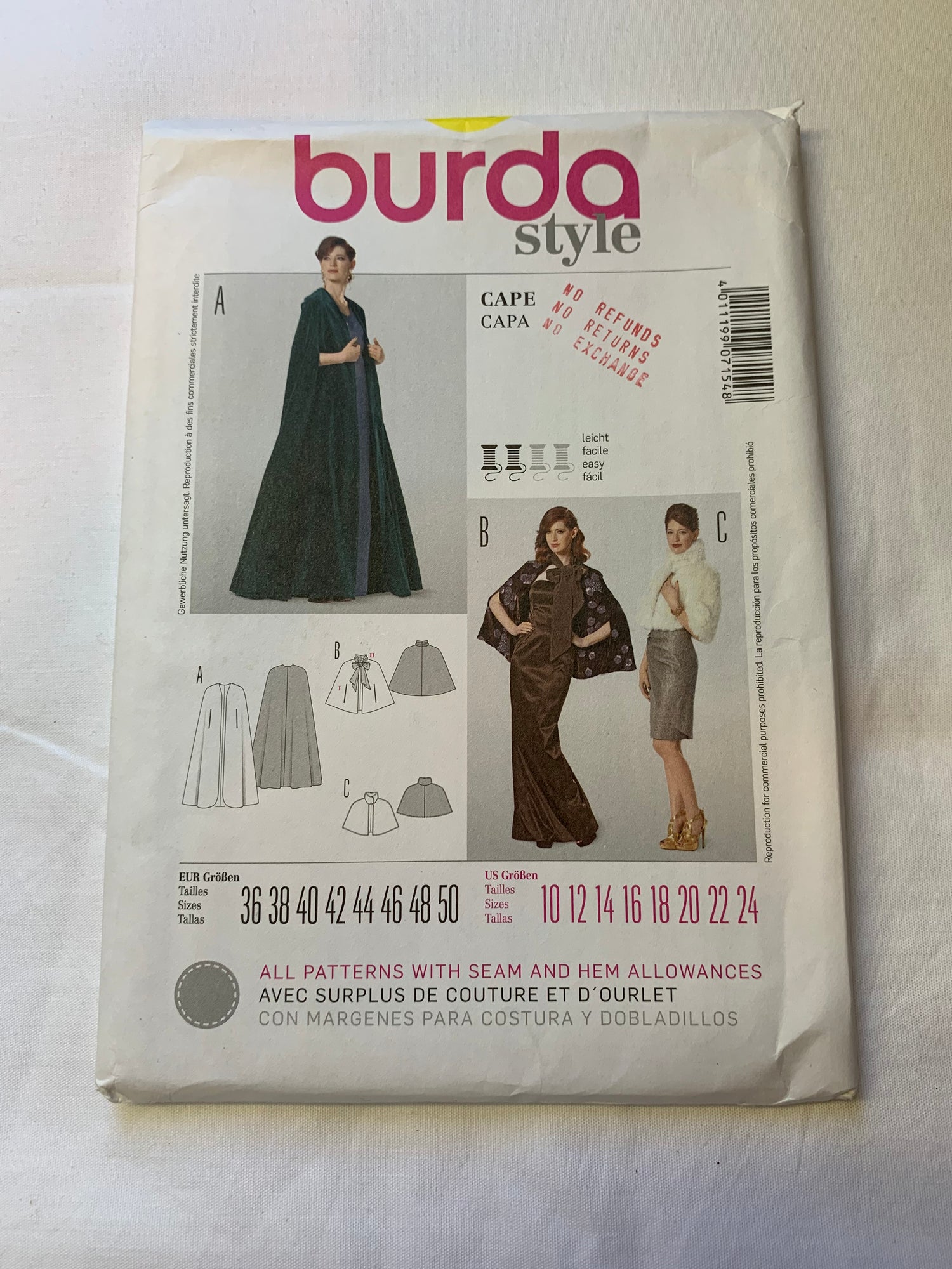 Burda Sewing Pattern 7154 Misses' Cape, 3 Lengths, Belt Front, Tie, Loose-Fitting, Size 10-24, Uncut, 2013