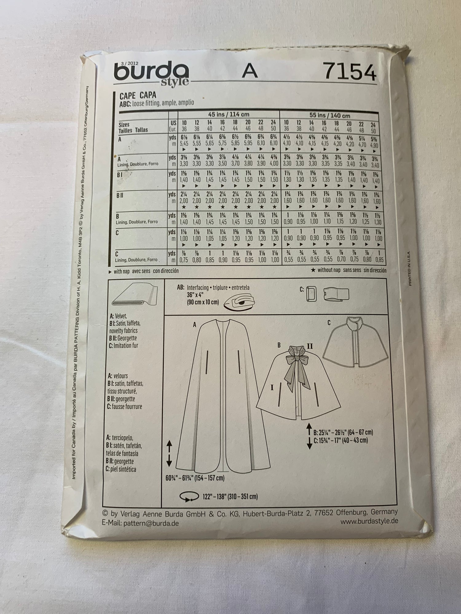 Burda Sewing Pattern 7154 Misses' Cape, 3 Lengths, Belt Front, Tie, Loose-Fitting, Size 10-24, Uncut, 2013