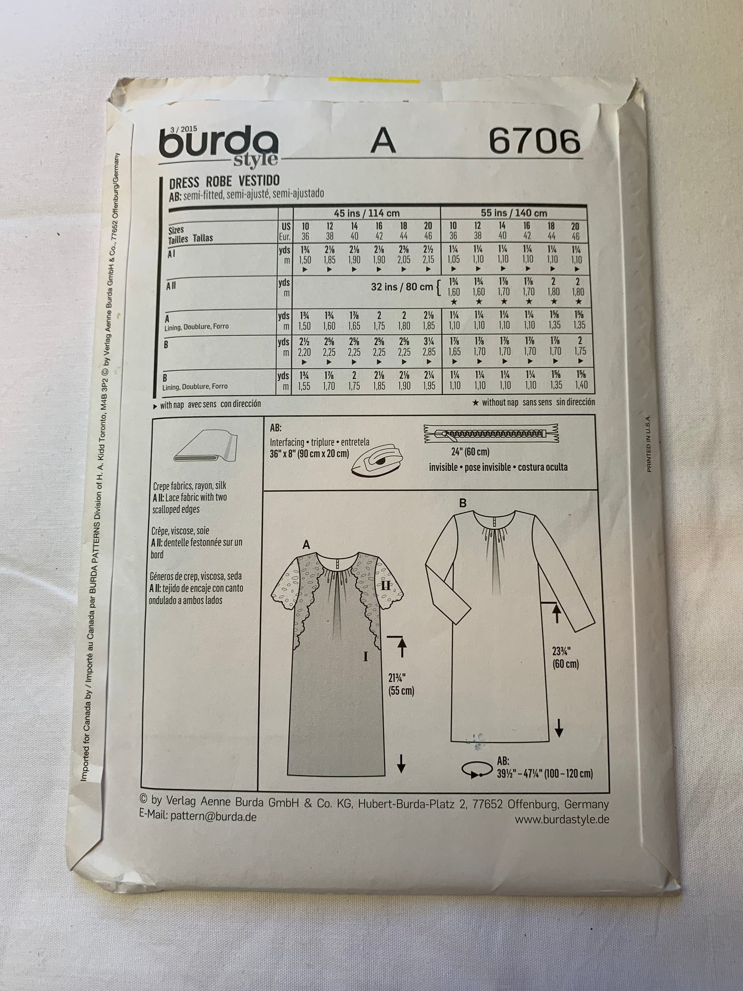 Burda Sewing Pattern 6706 Misses' Dress, Long/Short Sleeves, Semi-Fitted, Zipper Back, 2 Variations, Size 10-20, Uncut, 2000