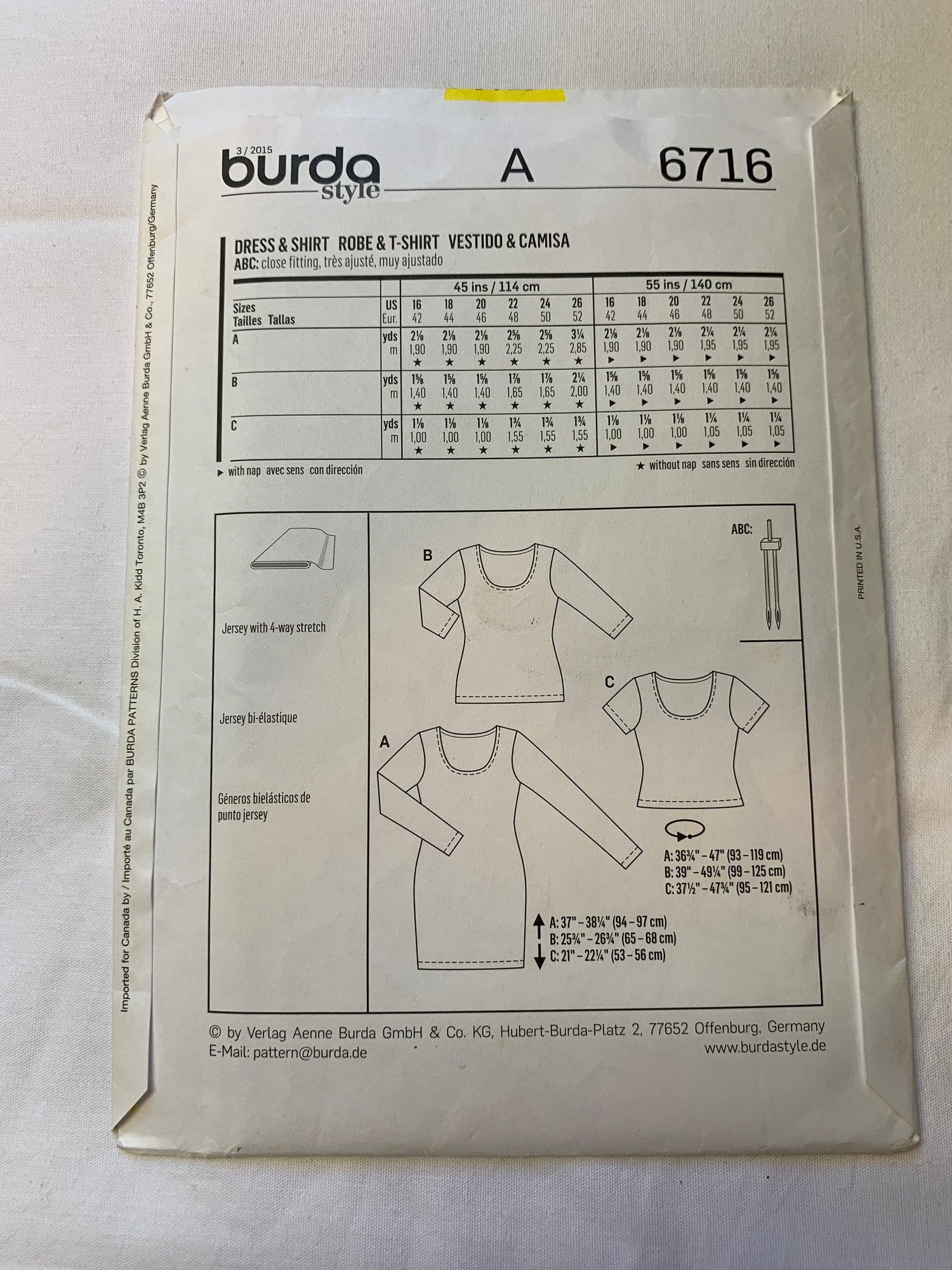 Burda Sewing Pattern 6716 Misses' Dress, Shirt, Long/Short Sleeves, 3 Lengths, Close-Fitting, Pullover, 3 Variations, Size 16-26, Uncut, 2000