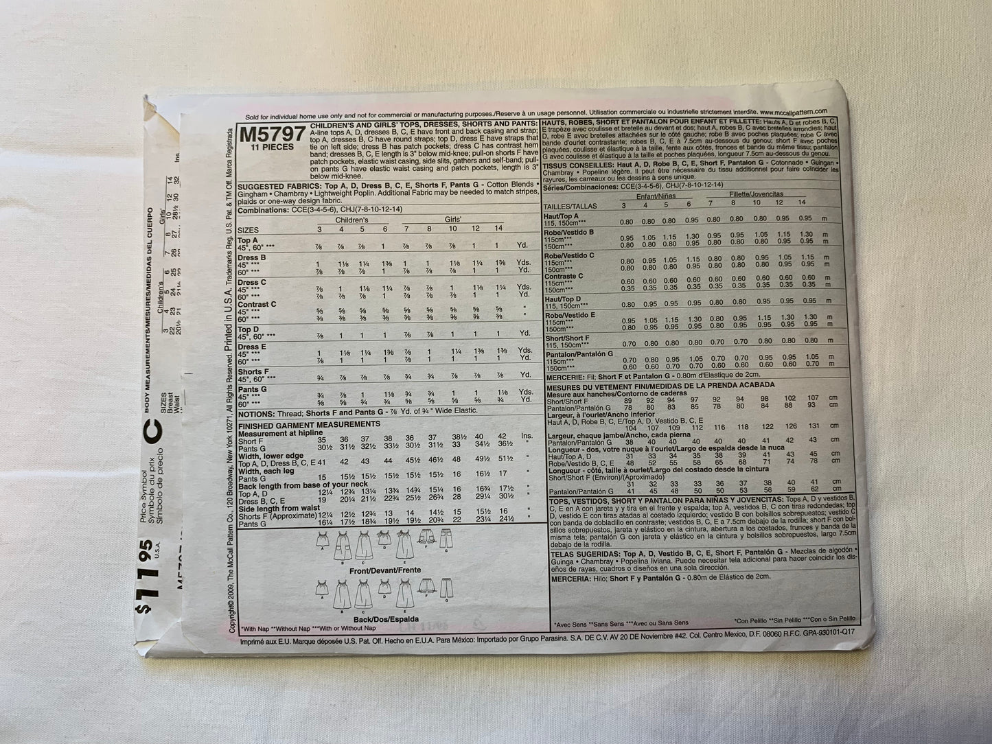 McCall's Sewing Pattern M5797 Girls' Tops, Dresses, Shorts, Pants, Elastic Waist, Pockets, Capris, Slit, Size 7-10, Cut, 2009