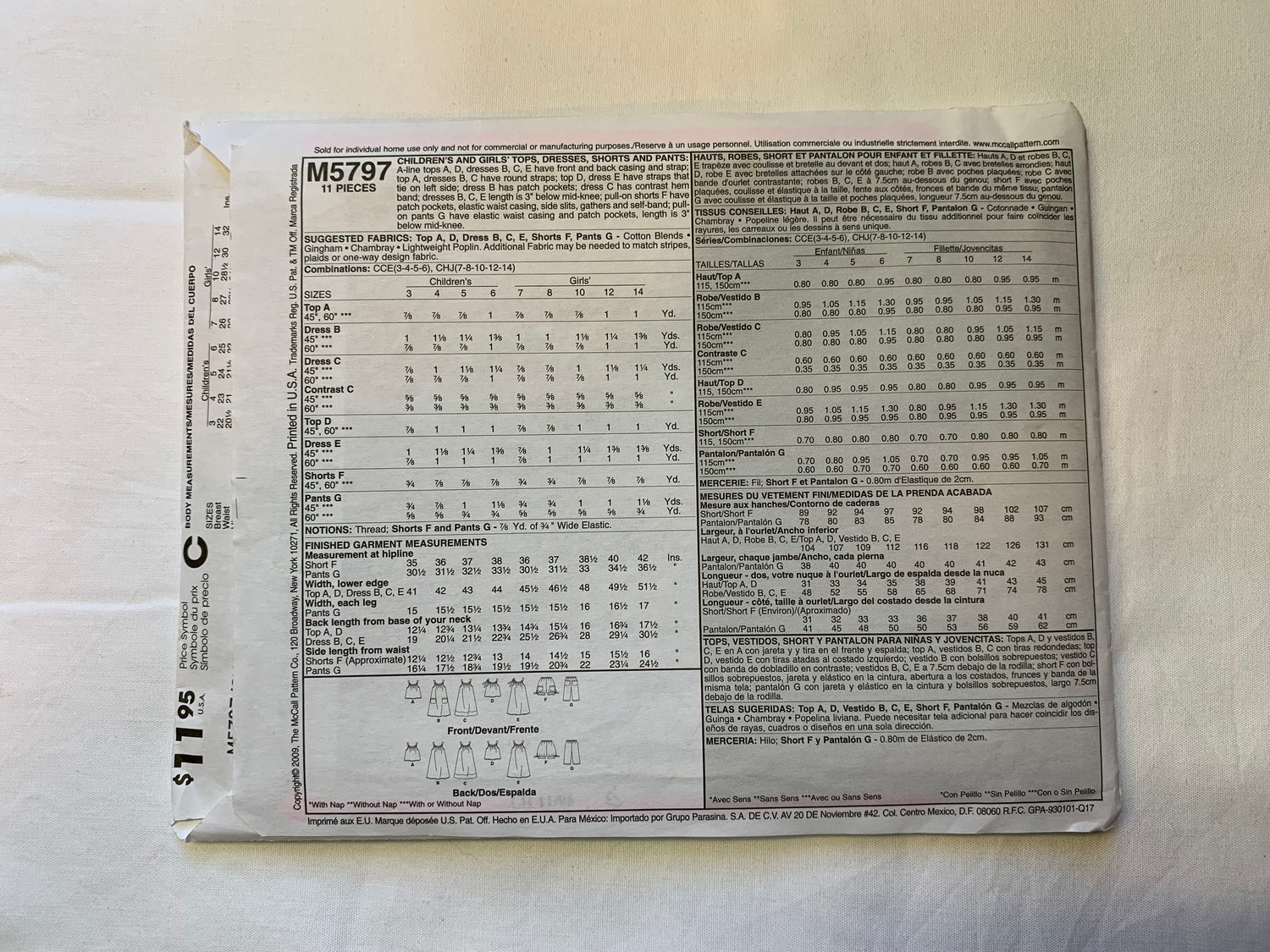 McCall's Sewing Pattern M5797 Girls' Tops, Dresses, Shorts, Pants, Elastic Waist, Pockets, Capris, Slit, Size 7-10, Cut, 2009