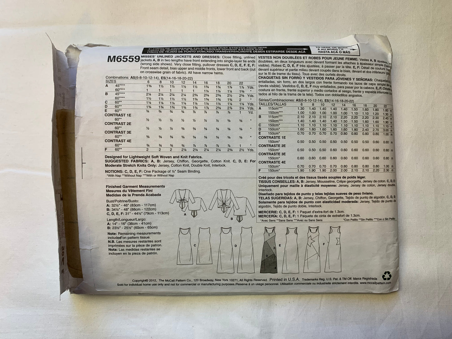 McCall's Sewing Pattern M6559 Misses' Unlined Jacket, Dresses, Close Fitting, Pullover, 7 Variations, Tie Front, Sleeveless, Two Lengths, Size 14-20, Cut, 2012