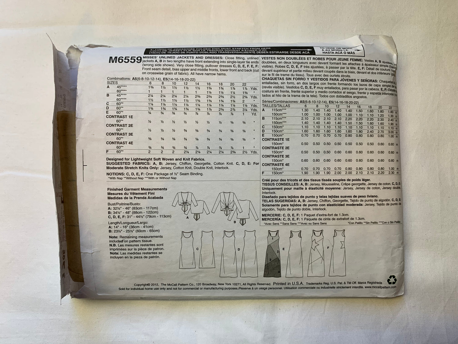 McCall's Sewing Pattern M6559 Misses' Unlined Jacket, Dresses, Close Fitting, Pullover, 7 Variations, Tie Front, Sleeveless, Two Lengths, Size 14-20, Cut, 2012