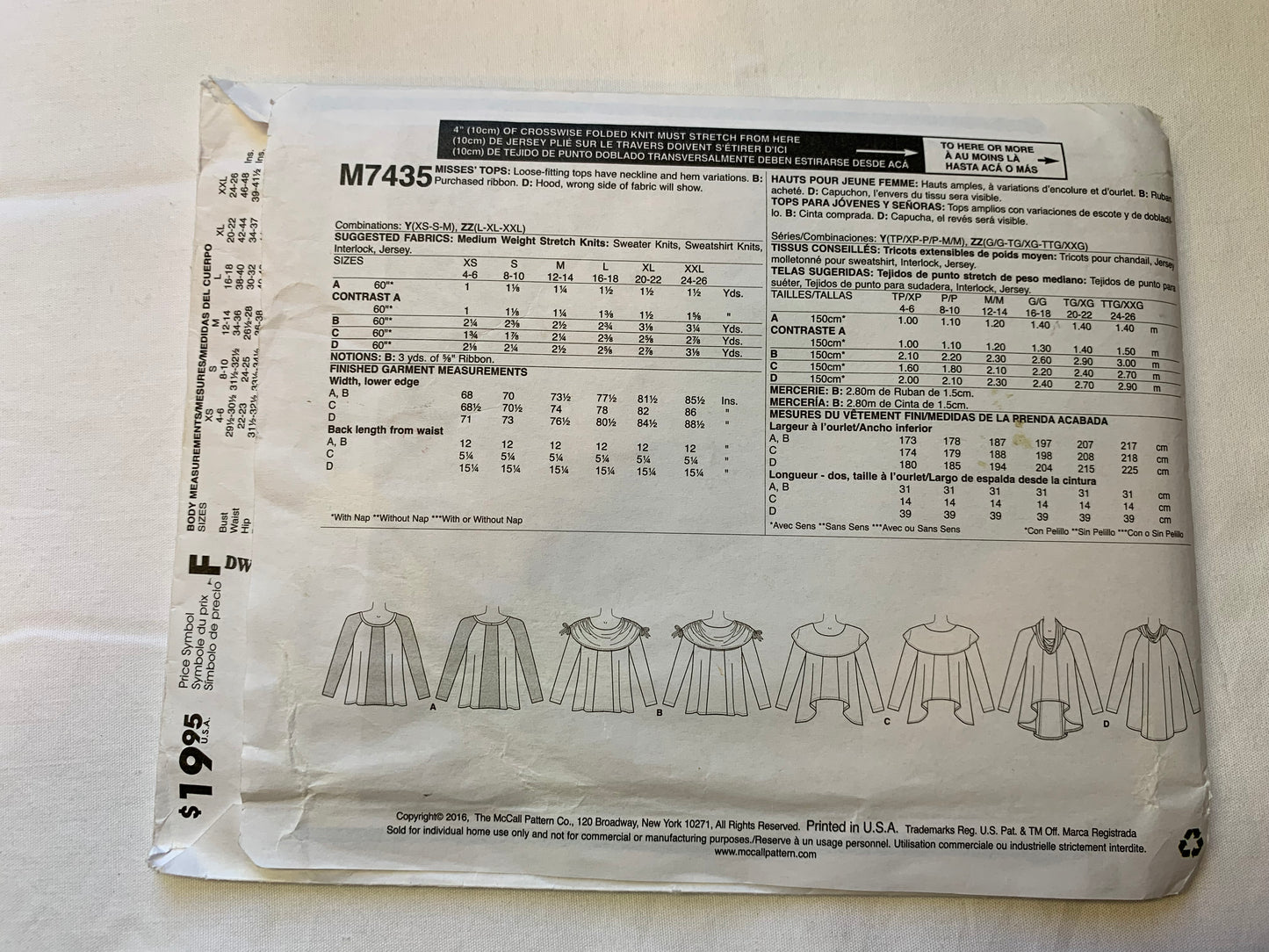 McCall's Sewing Pattern M7435 Misses' Tops, Long Sleeves, 4 Variations, Loose-Fitting, Size 16-18, Cut, Vintage 2016