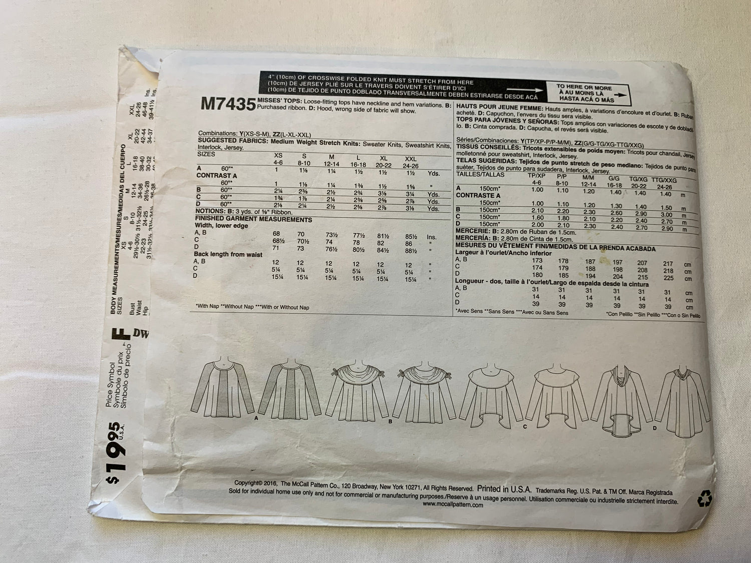 McCall's Sewing Pattern M7435 Misses' Tops, Long Sleeves, 4 Variations, Loose-Fitting, Size 16-18, Cut, Vintage 2016