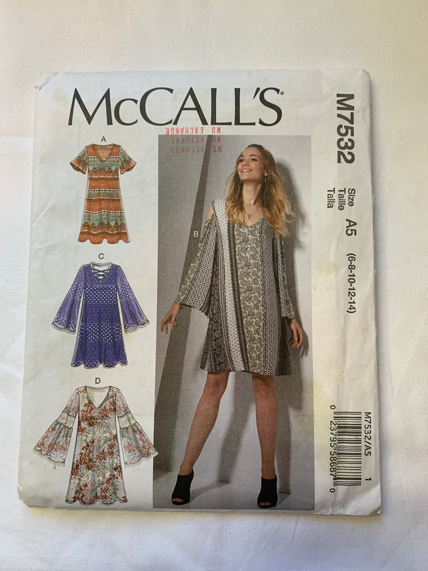 McCall's Sewing Pattern M7532 Misses' Dress, Loose-Fitting, Pullover, Long/Short Sleeves, 4 Variations, Size 6-14, Cut, 2017